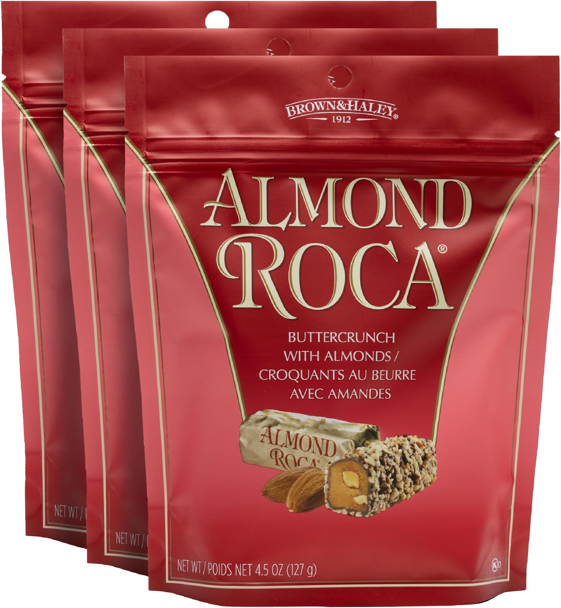 Brown & Haley Almond ROCA Stand-up Pouch, Individually Wrapped Chocolate Candy, Classic Buttercrunch Toffee with Almonds, 4.5 Ounces (Pack of 3)