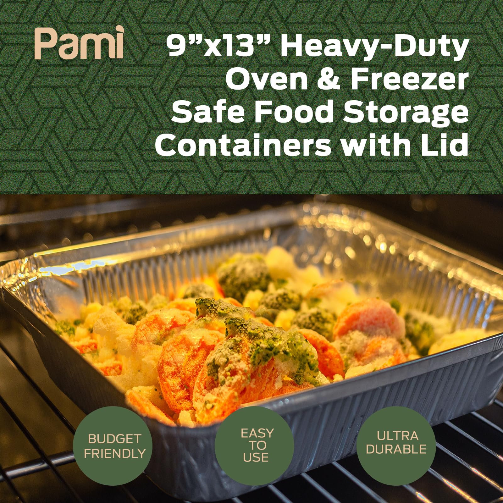 PAMI Recipientes de aluminio para alimentos con tapas de tamaño medio, profundos [paquete de 25] – 9 x 13 pulgadas, bandejas de lata aptas para horno y congelador, bandejas de aluminio para hornear