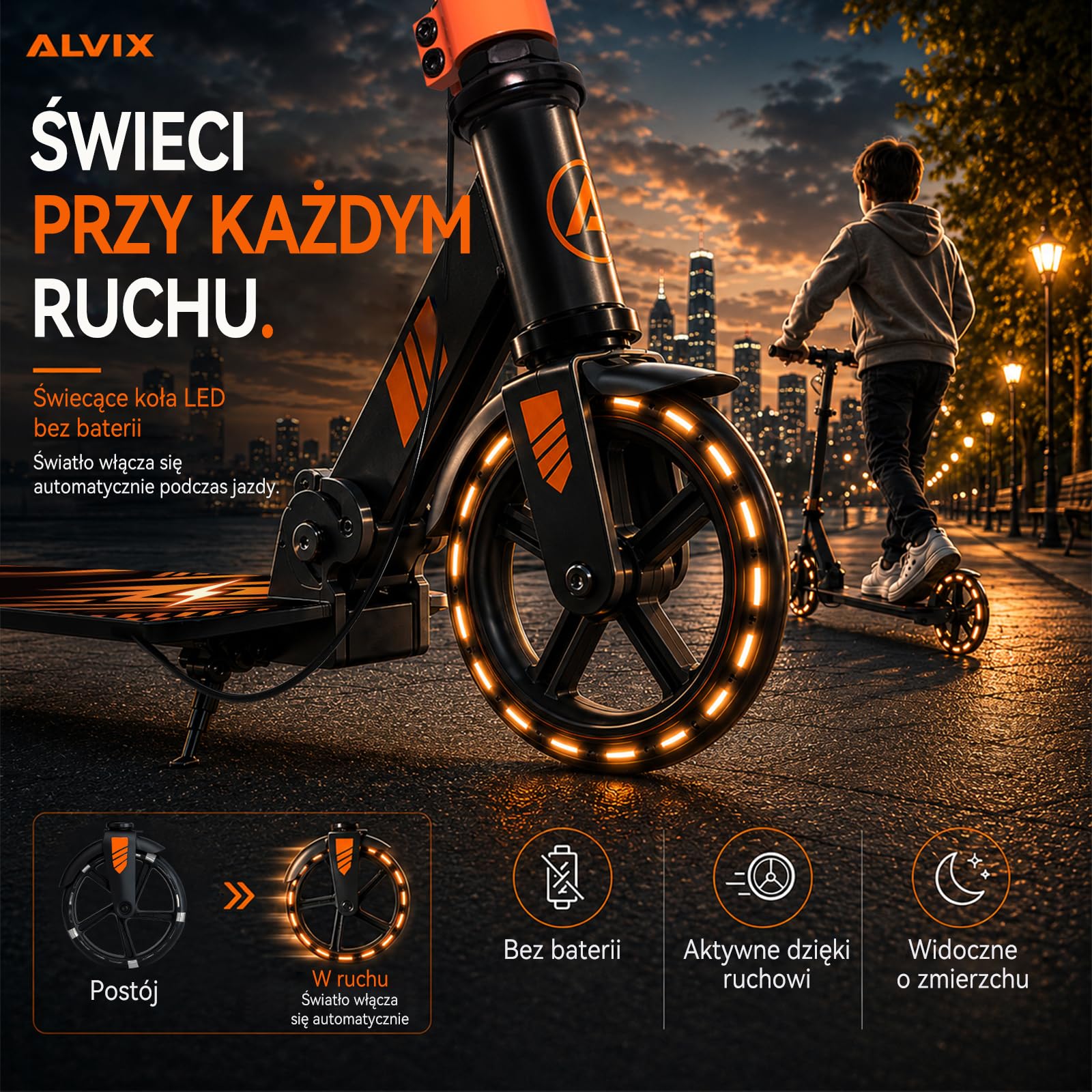 ALVIX Hulajnoga dziecięca z hamulcem ręcznym i kołami LED, regulowana wysokość, kółka 200 mm, składany wałek z paskiem do noszenia, szeroki pokład do 100 kg