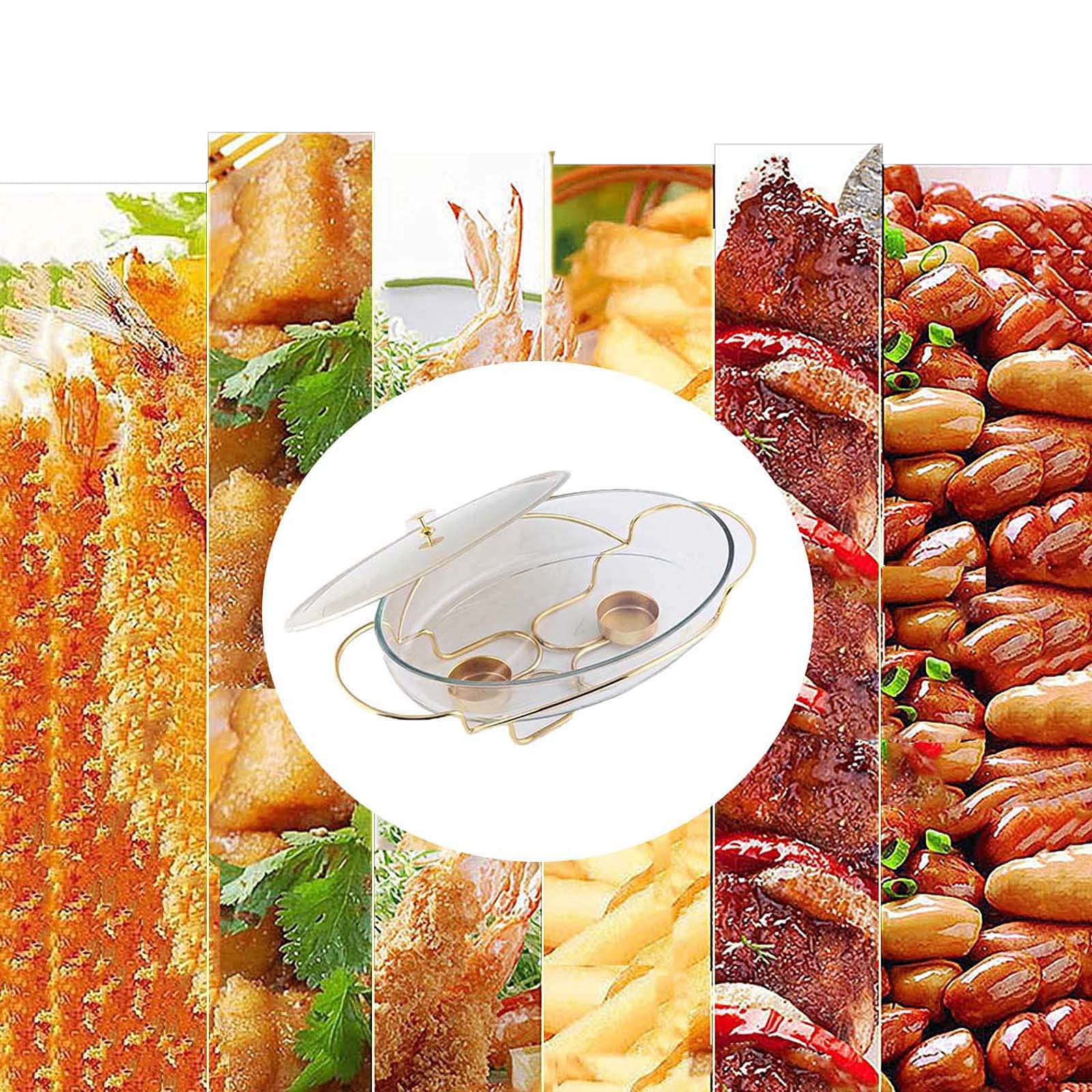 Podgrzewacz do potraw w formie bufetu, zestaw do podgrzewania potraw w formie bufetu, z pokrywką ze stali nierdzewnej i bezpieczną w piekarniku szklaną tacą do podgrzewania