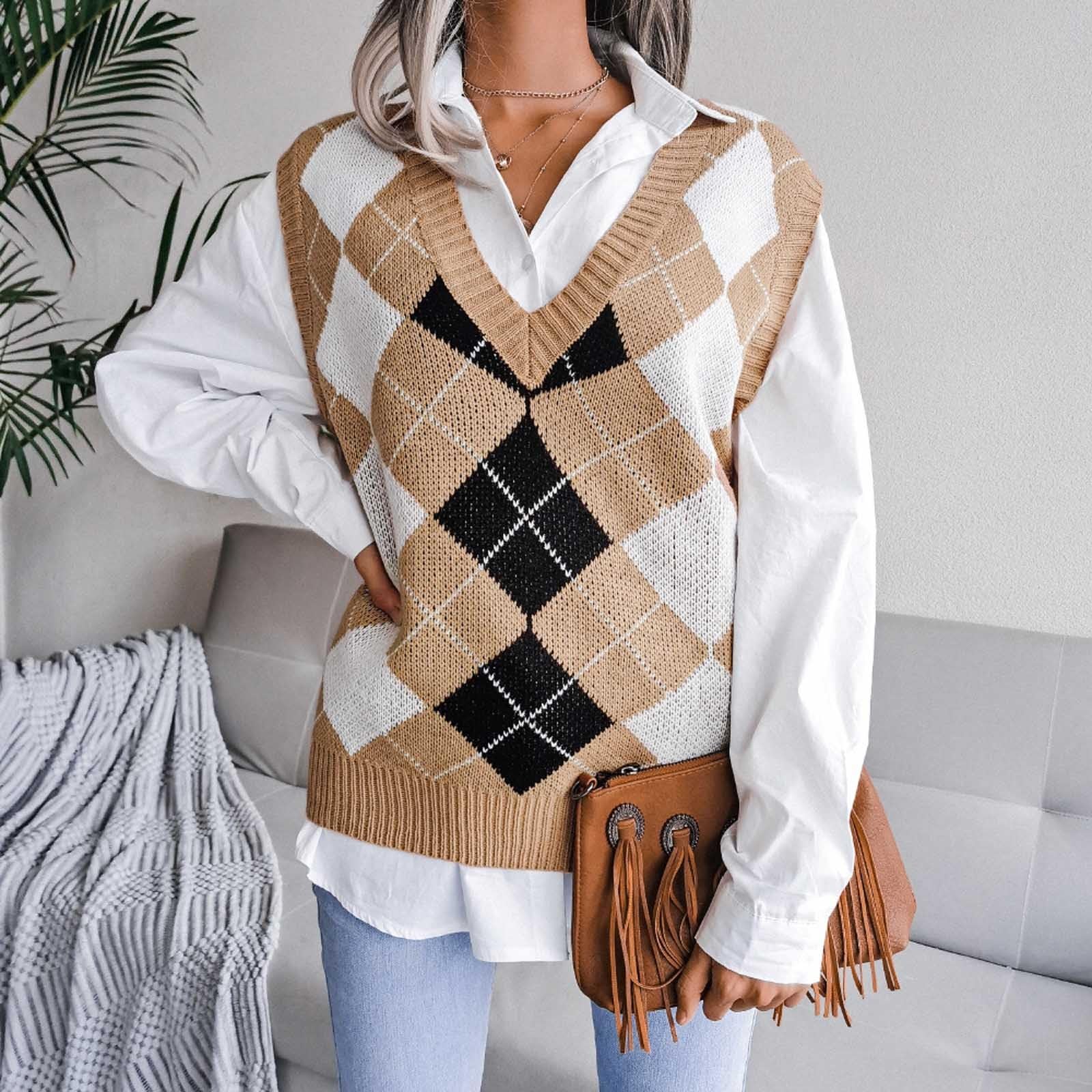 Adretter Stil Pullunder Damen Ärmellose Strickweste Argyle Karo Strickpullover Casual Vintage Preppy Stil Strickpulli Karierte Sweater Winterweste Loose Fit Strickwaren Tank Top