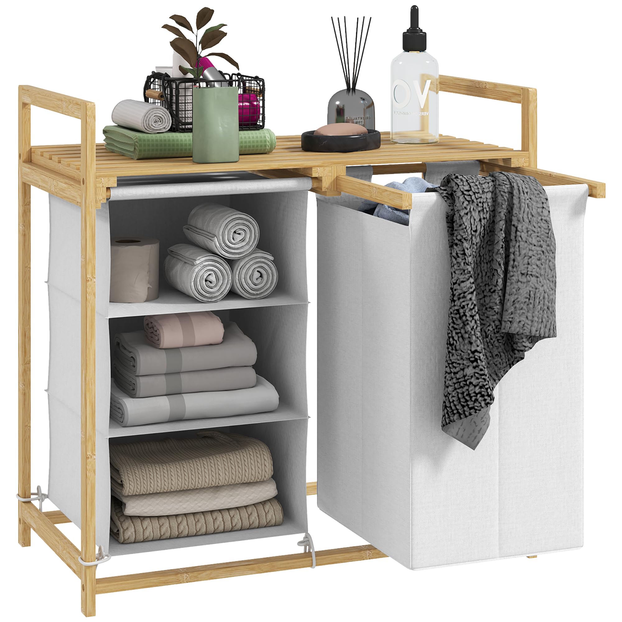 HOMCOM Wäschekorb 4 Fächer Bambus 83L mit Ablage Griff 70 x 36 x 70 cm Weiß | 2 Ausziehbare & Abnehmbare Wäschesäcke aus Vliesstoff, Wäschesammler, Wäschebox, Wäschesortierer