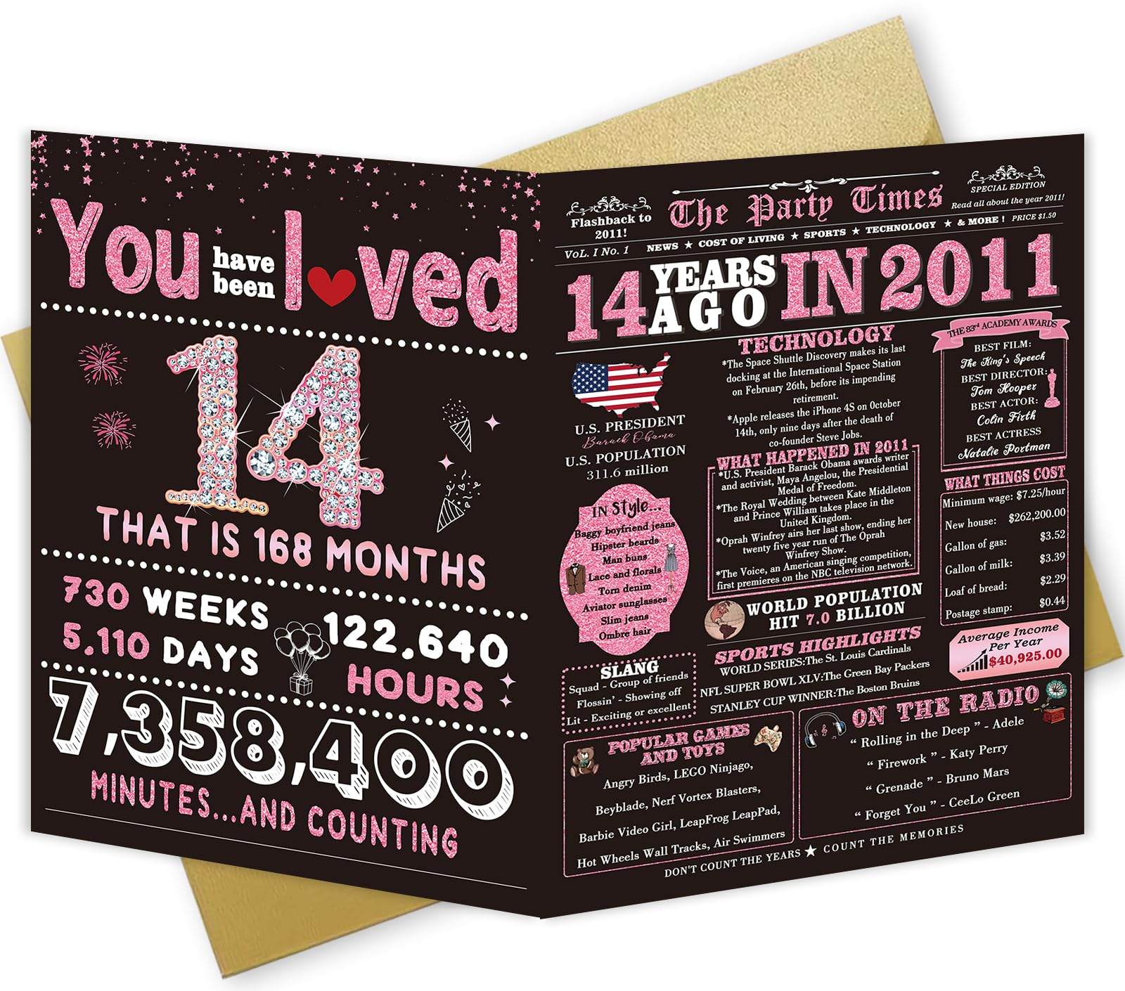 14th Birthday Card Gifts for Girls, Daughter, Niece, Granddaughter, 14th Birthday Decorations for Girls, Large Birthday Card for 14 Year Old, Funny Back in 2011 Birthday Card, Rose Pink Gold