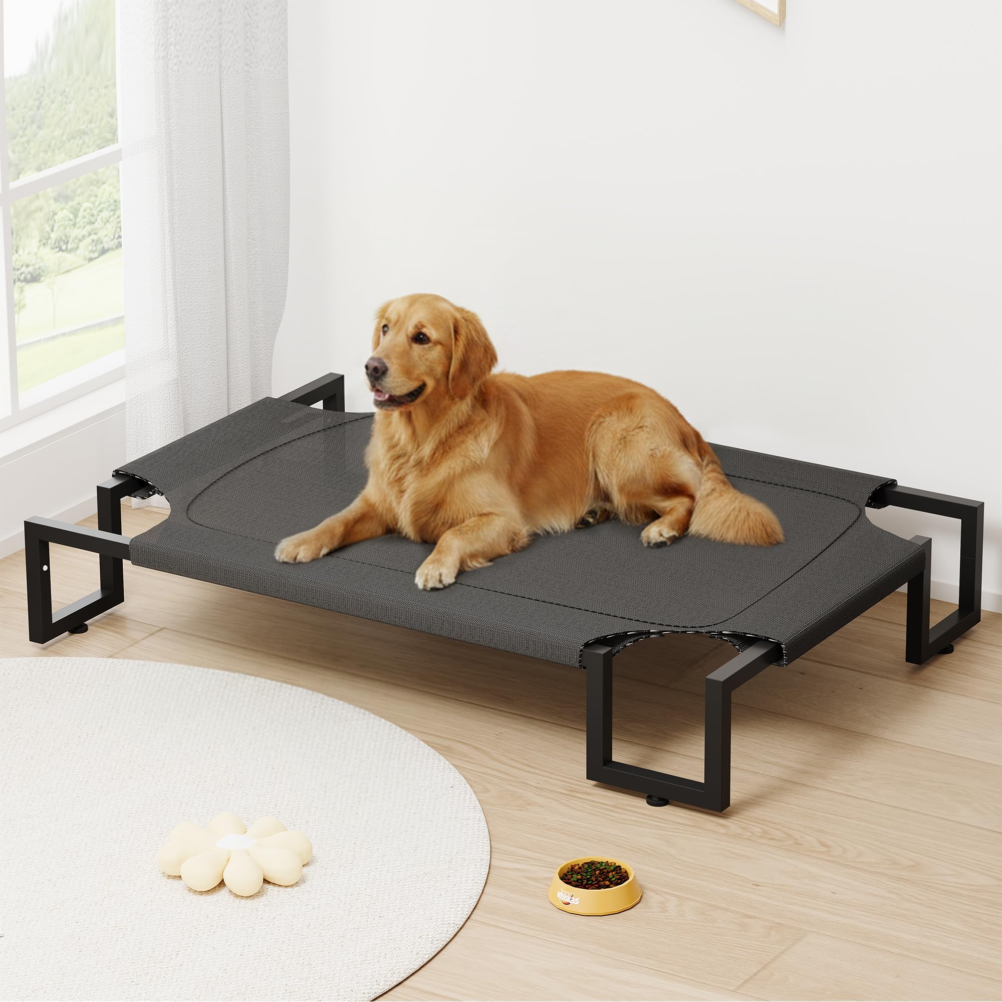 Lit pour Chien surélevé,Tapis Rafraichissant Chien,Lit Surelever de Camp pour Animaux de Compagnie Intérieur Extérieur,Panier Sureveler Chien Lavable Respirant,Cadre métallique Robuste,Noir