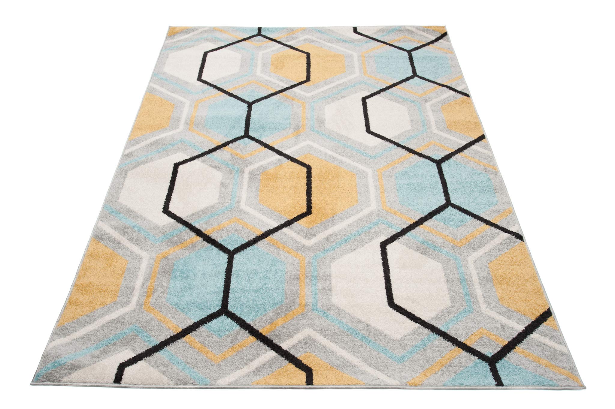 Tapiso LAZUR dywan do salonu, krótkie runo, nowoczesny, geometryczny kratka, szary, kremowy, żółty, jasnoniebieski, do sypialni, Ökotex 180 x 260 cm
