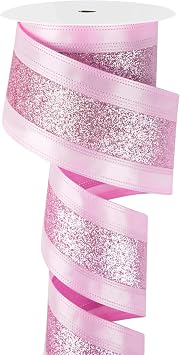 MAYREEL 2.5 Inch Pink Wired Satin Ribbon Glitter Stripe Light Pink Ribbon for Baby Shower Christmas Tree Gift Wrapping Floral Arrangements Bows Wreaths Garland Topper Holiday Home Decor 10 Yards