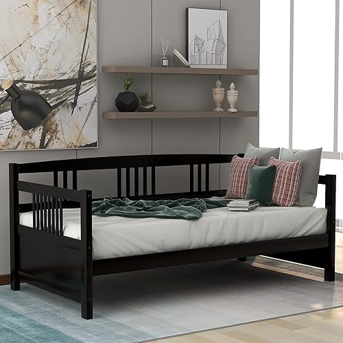 Miniatura 53 de Merax Sofá cama individual con listones de madera, soporte moderno sofá cama con rieles, tamaño individual, blanco marfil Marfil blanco,Espresso