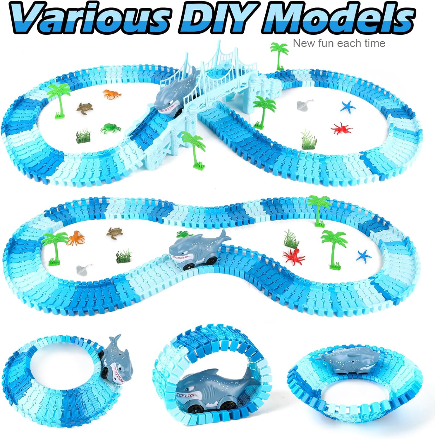 Coroiesty 264 PCS Shark Race Tracks for Kids Toys, Glow in The Dark Magic Toy Set, 2 Shark Cars Track, Flexible DIY Track Set, Birthday Gift for Age 3-9 Boys Toddler Girls