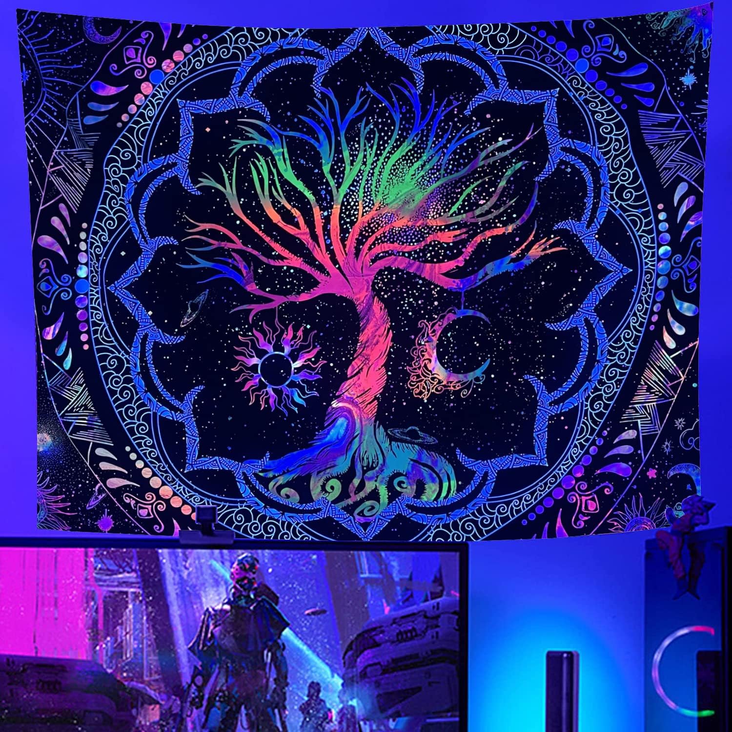 Heopapin Tapiz De Luz Negra Con Siete Chakras, Reactivo A Los Rayos UV, Para Yoga, Meditación, Mandala, Tapiz De Pared, Tapices Para Colgar En La