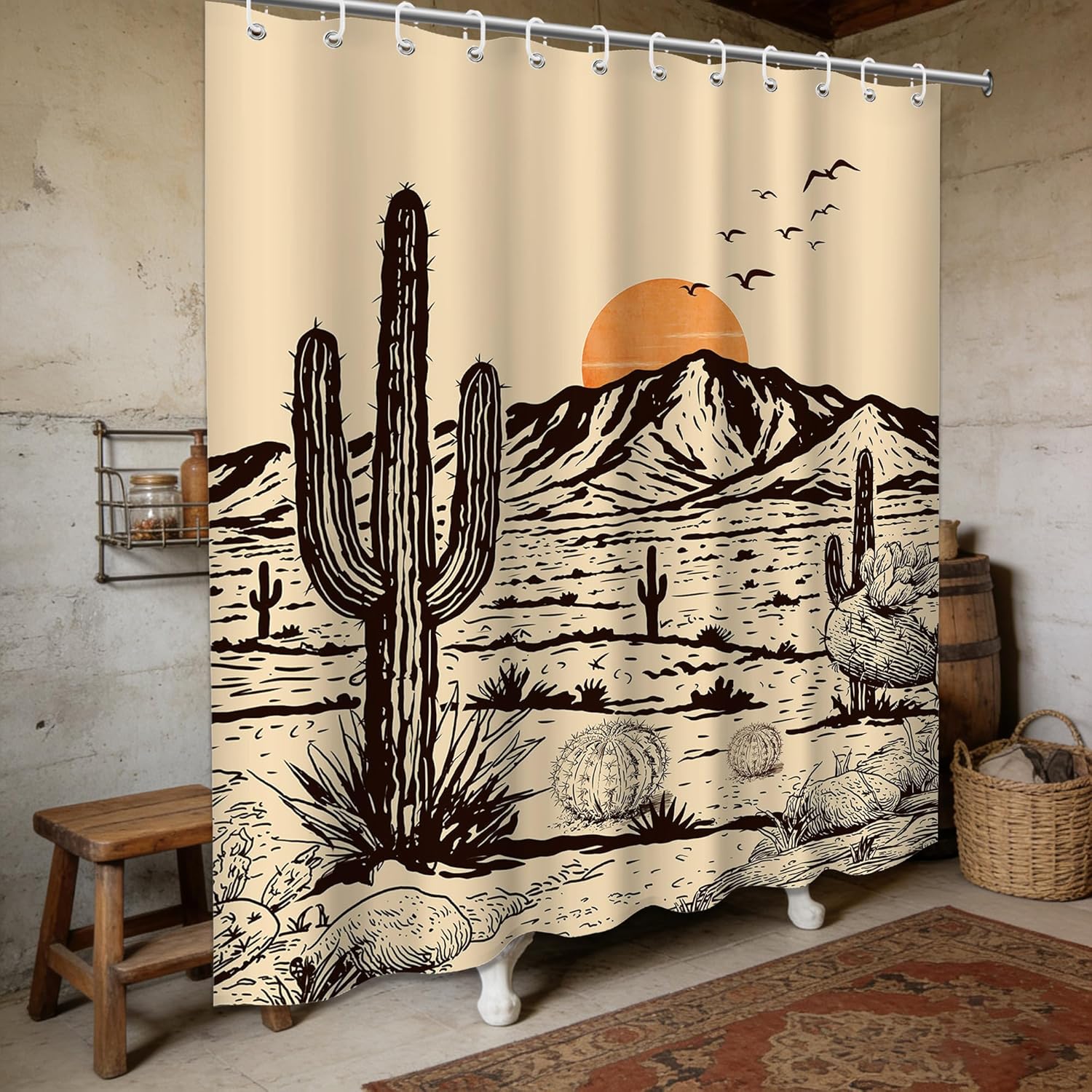 Western Shower Curtain Rustic Cactus Desert Shower Curtains for Bathroom Decor Bath Curtain Set, Waterproof Fabric with Hooks 70 x 78 Inch