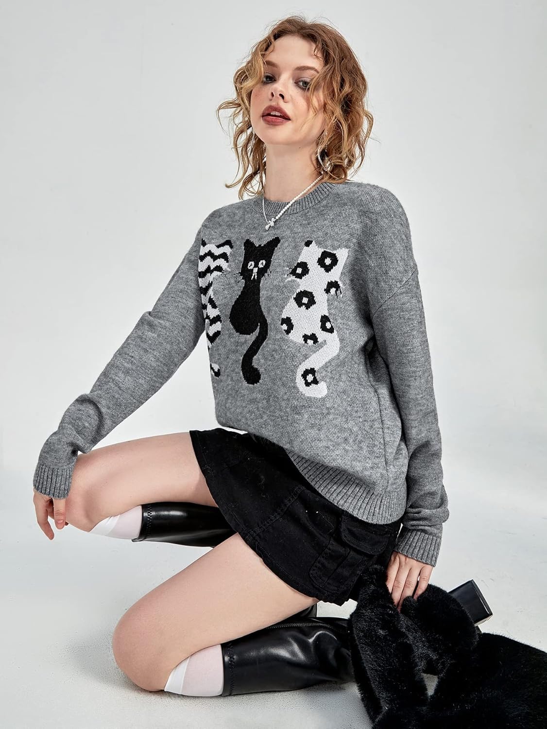 Women's Sweater Cat Pattern Drop Shoulder Sweater Sweater for Women (Color : Gray, Size : Medium)