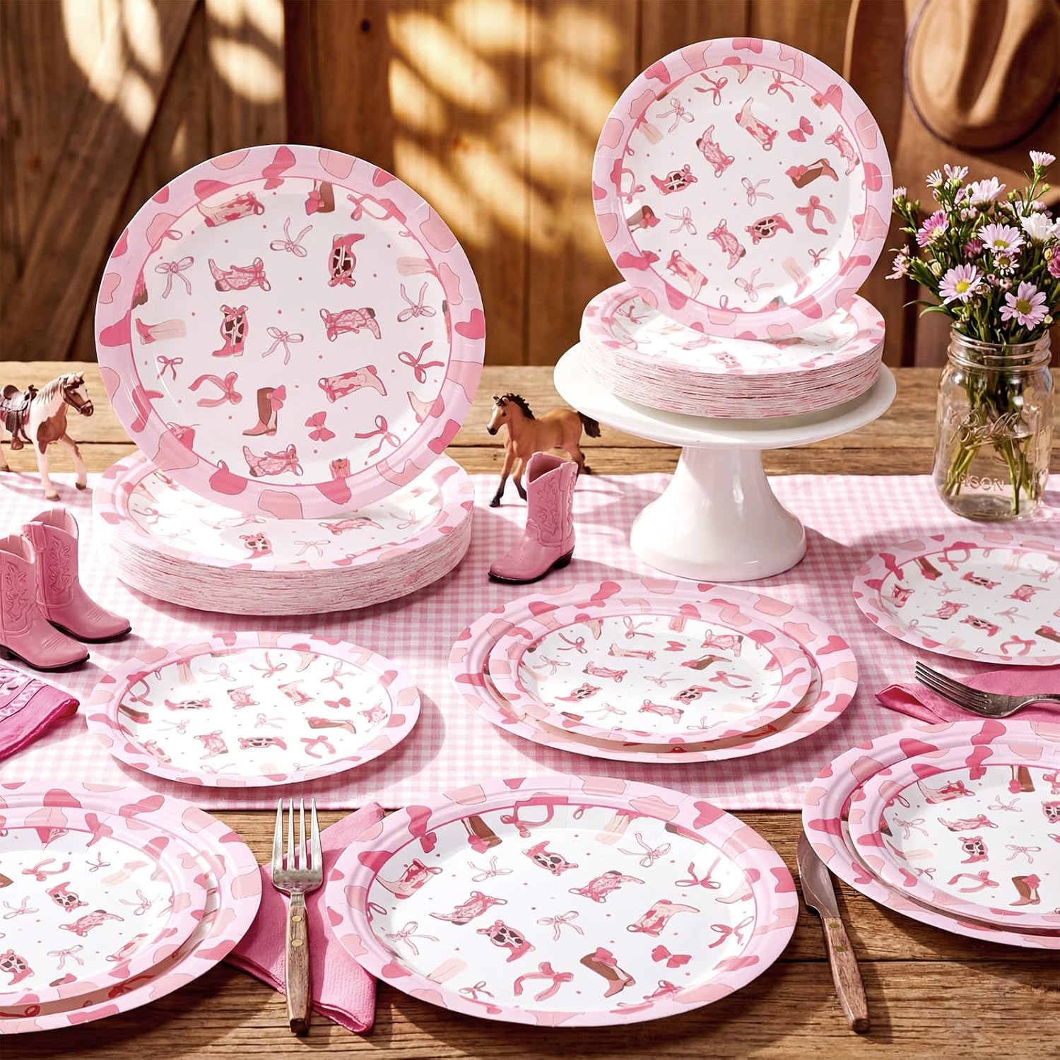 Suclain 100 Pcs Western Cowgirl Party Plates Decorations Coquette Bow Birthday Paper Plates Disposable Bachelorette Dinner Tableware Set for Western Themed Wedding Birthday Baby Shower Serve 50 Guests