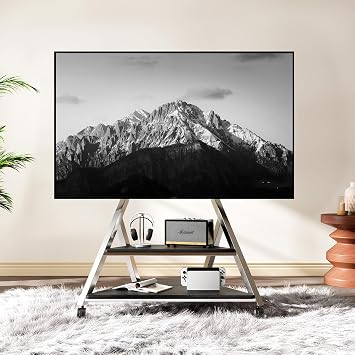 Stainless Steel Art Rolling TV Cart with Wheels for 32-75 Inch TVs | Mobile TV Stand Height Adjustable, 110 lbs Capacity, 2 Tier Wooden Shelves, VESA 400x500mm