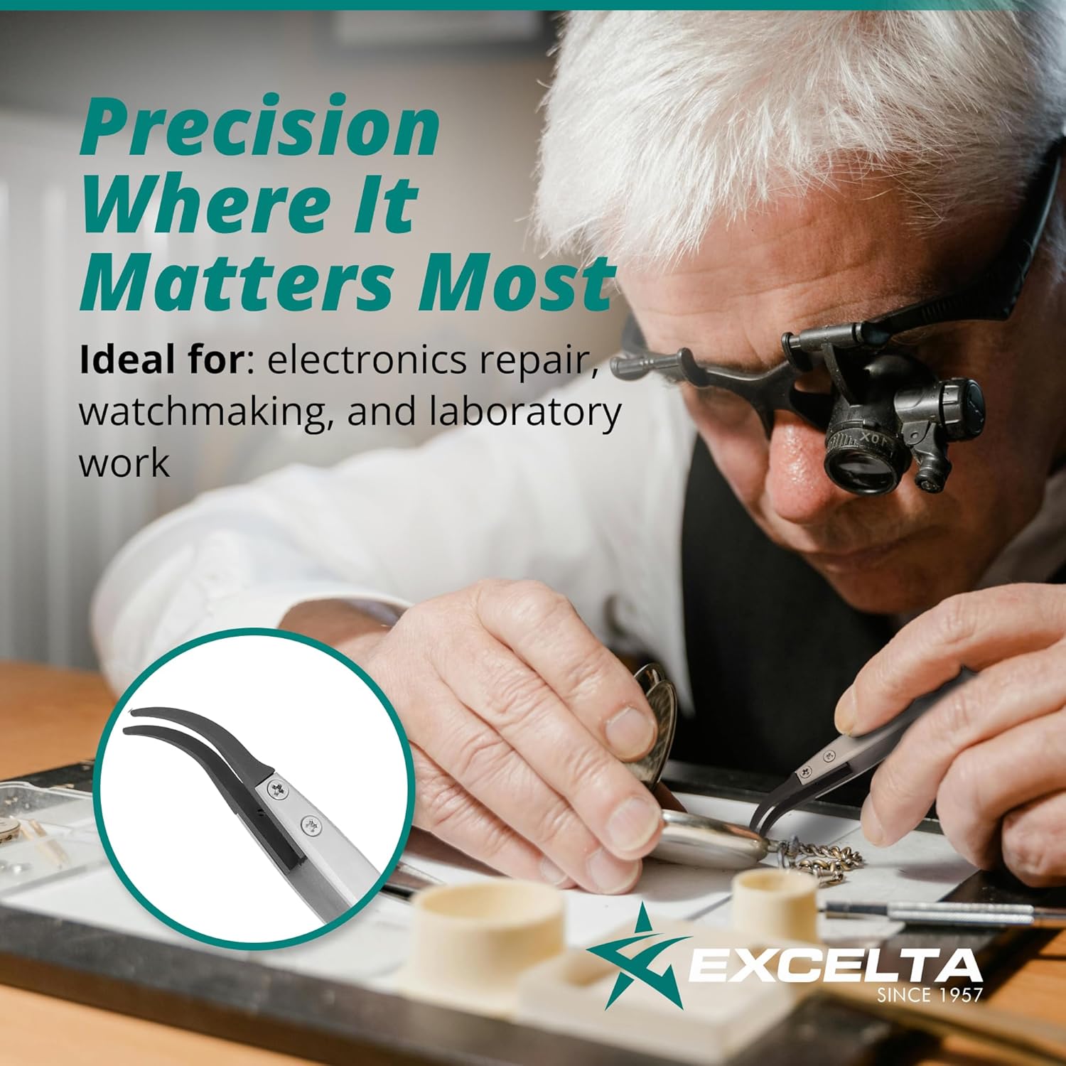 Excelta 759D-RT Curved Tweezers, Replaceable Carbon Fiber Tip, Curved 40° Angle for Improved Visibility and Accessibility, Anti-Magnetic Stainless Steel Body, Made in Switzerland, Professional