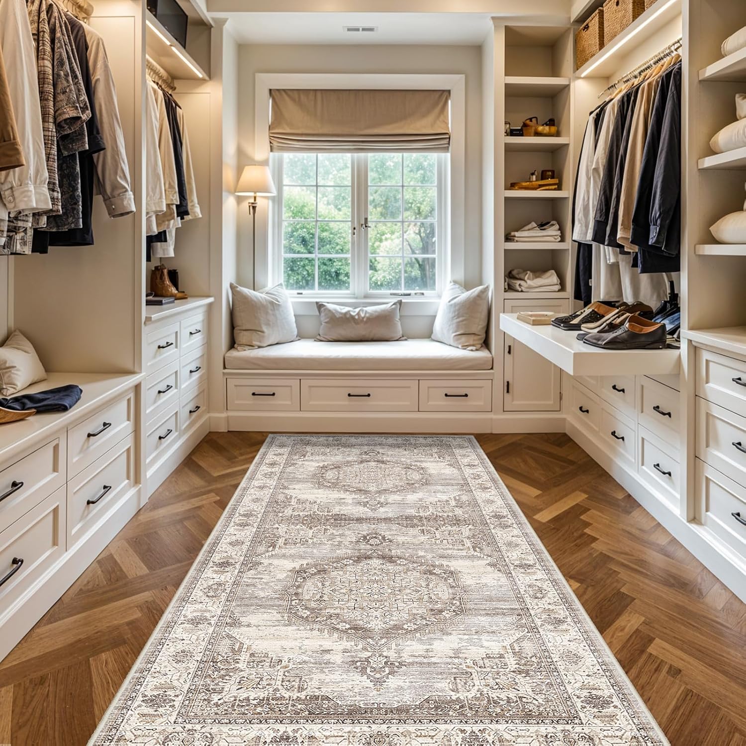 Washable 4x8 Hallway Area Rug: Vintage 8ft Water Resistant Soft Runner Rug for Entry Kitchen Non Slip Wide Low Pile Carpet for Living Room Bedroom Thin Floor Mat for Bathroom Dining Room(Beige,4x8) - Image 3