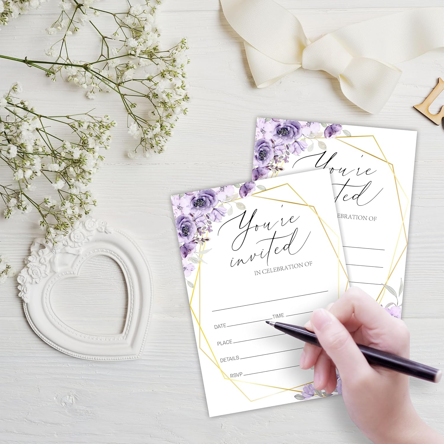 25 Purple Floral Wedding Day Invitation Cards With Envelopes, Geometric Double-Sided Fill In Style Classic Wedding Reception Cards For New Couple, Engagement,Bride & Groom,Party Favor & Supplies- A09