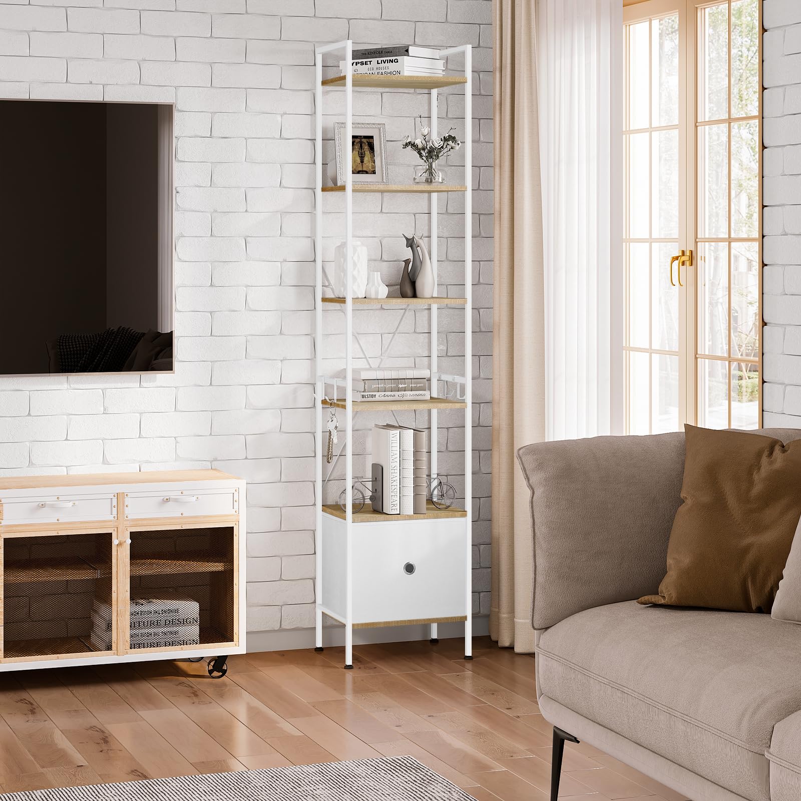 WOLTU Standregal mit 5 Ebenen, Bücherregal mit Schublade, stehendes Regal mit Metallrahmen, für Wohnzimmer Arbeitszimmer Homeoffice Schlafzimmer, modern, Helle Eiche + Weiß, RGB63whe