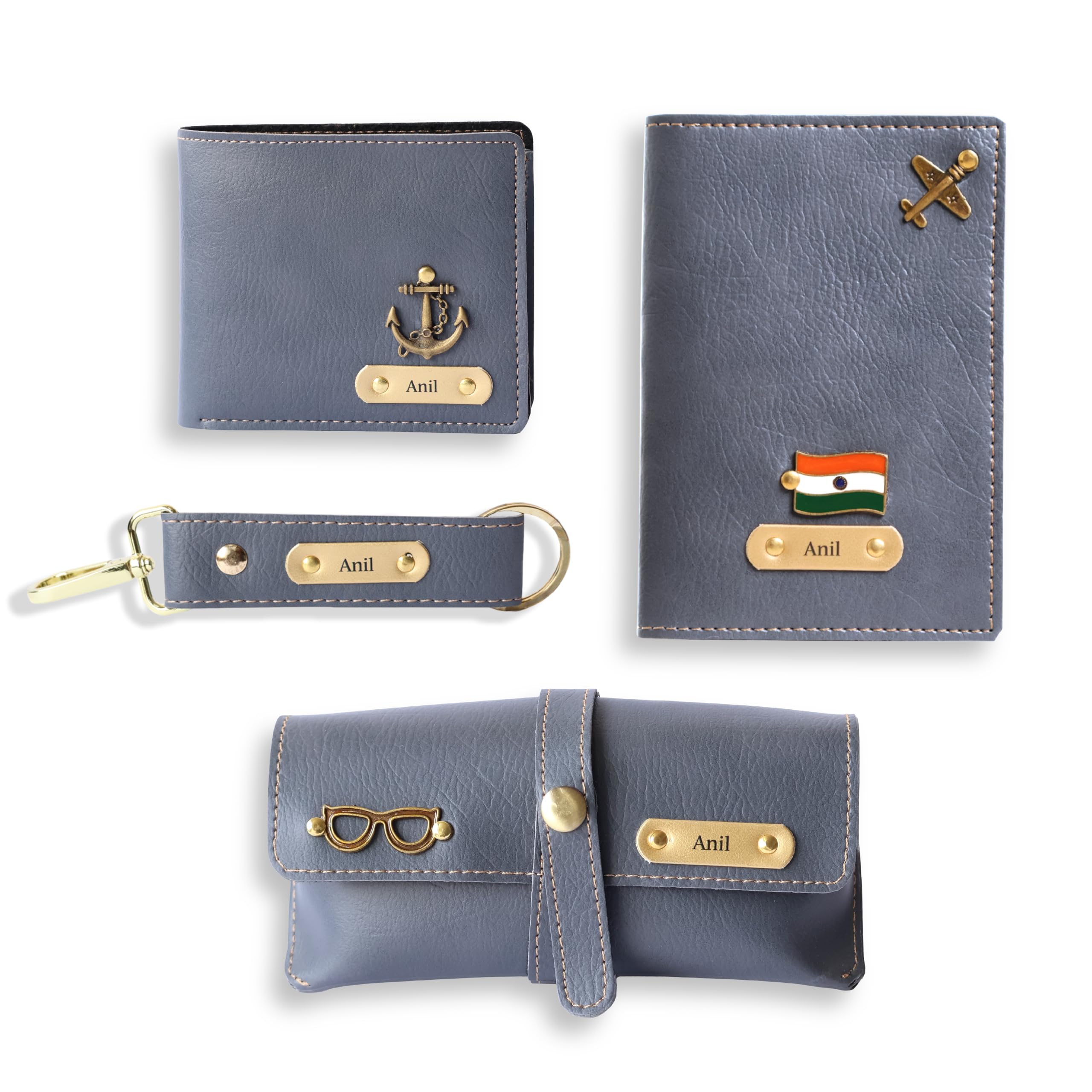 Personalised All in One Men's Combo Gift (4 pcs) Customized Leather Wallets, Key Chain, Eyewear Case and Passport Cover with Name | Best Gift for Brother, Husband, Boyfriend, Father (Grey)