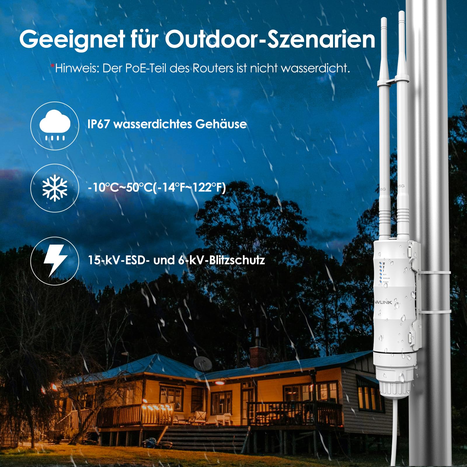 WAVLINK AC1200 Outdoor WLAN Repeater, wetterfester 1200Mbit/s WLAN Access Point/Verstärker unterstützt Passive/Active PoE, AP/Router/Repeater Modi, 100Mbit/s WAN/LAN, WPA2, EU-Netzteil