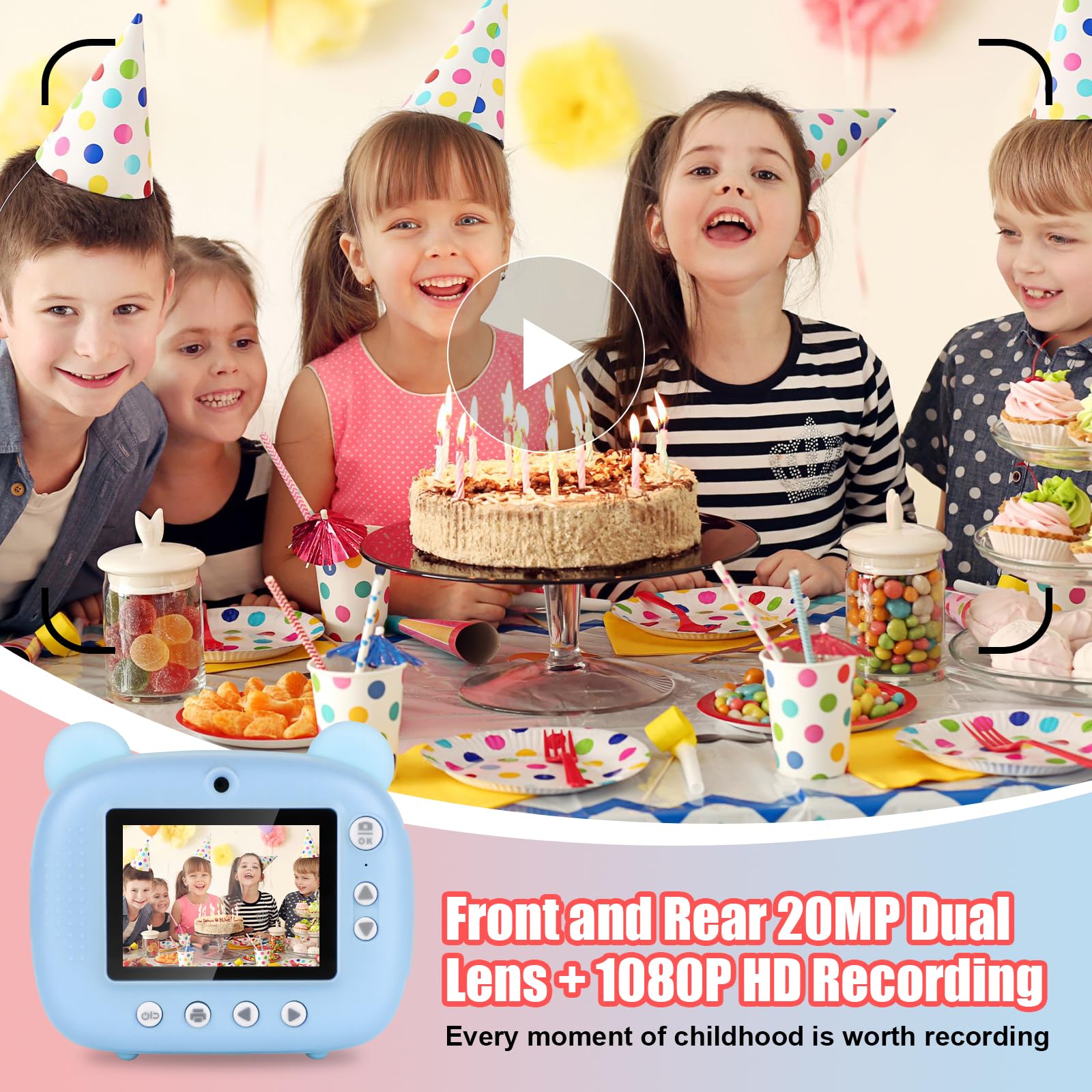 Fotocamera per bambini, 1080 p, fotocamera istantanea per bambini, con carta da 32 gb e carta fotografica, 3 – 12 anni, regalo di Natale per ragazze ragazzi (blu)