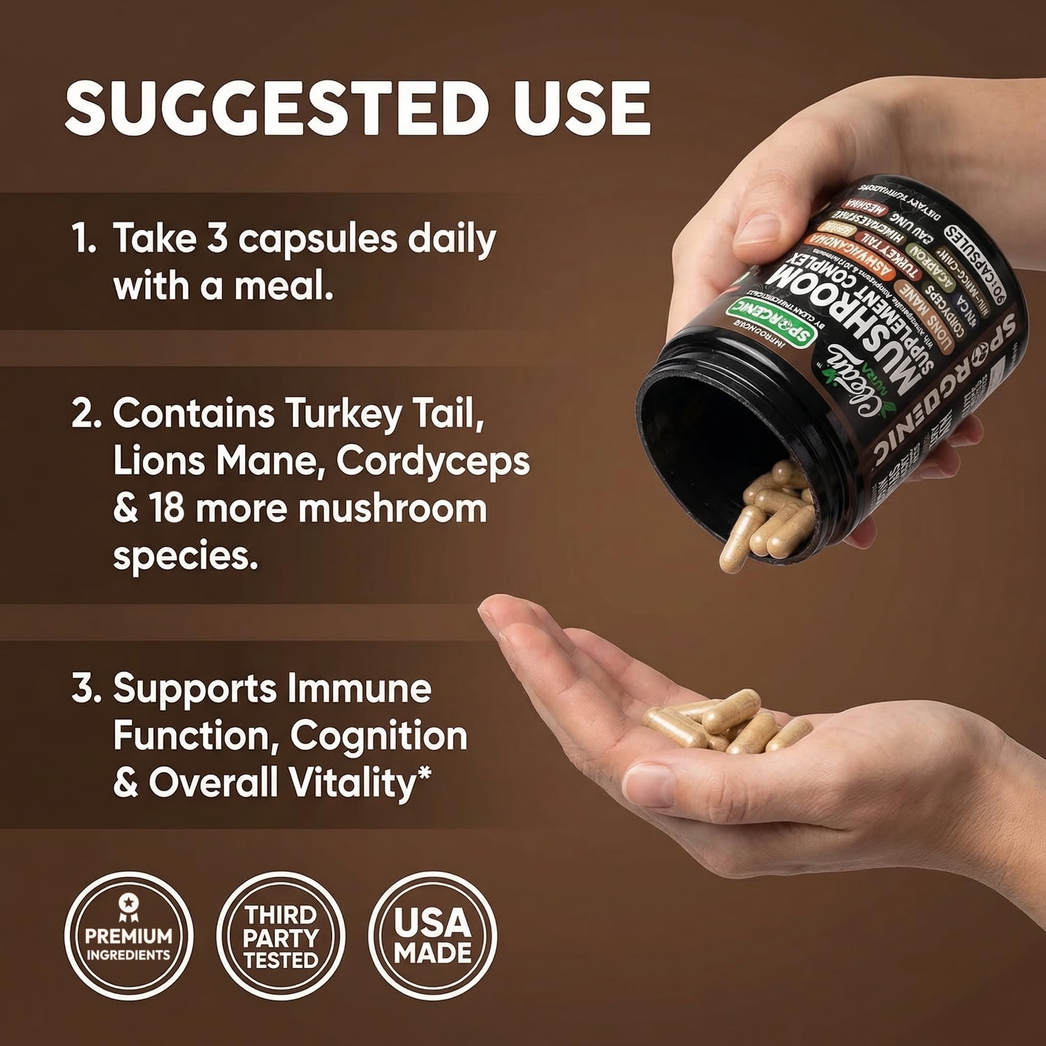 Organic Mushroom Supplement | Ashwagandha Lions Mane Cordyceps Turkey Tail Reishi Mushrooms Maca Root Black Hoof Chaga Tremella Agarikon Shiitake Oyster Powder Capsules Sporgenic By Clean Nutra (1) — Amazon image 6