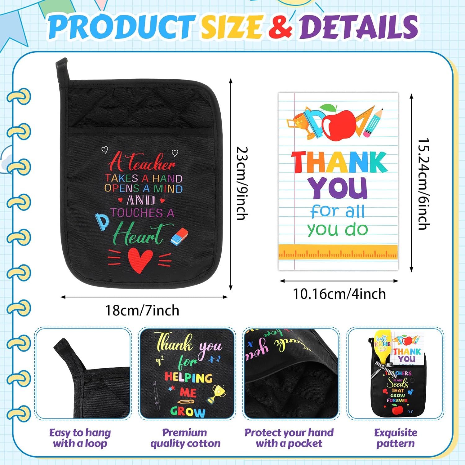 25 Pcs Teacher Appreciation Gifts Teacher Pot Holder Silicone Spatula Thank You Card Packaging Heat Resistant Microwave Oven Mitt for Kitchen Baking Cooking Sets Back to School Graduation Gifts(Black)