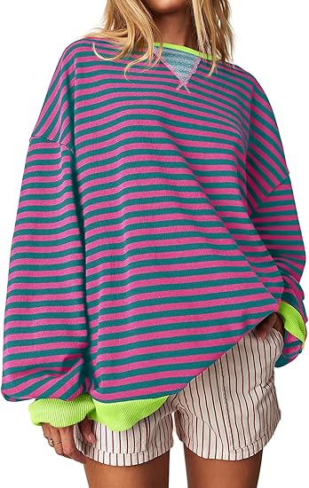 Fisoew Womens Striped Oversized Sweatshirt Color Block Crew Neck Long Sleeve Shirt
