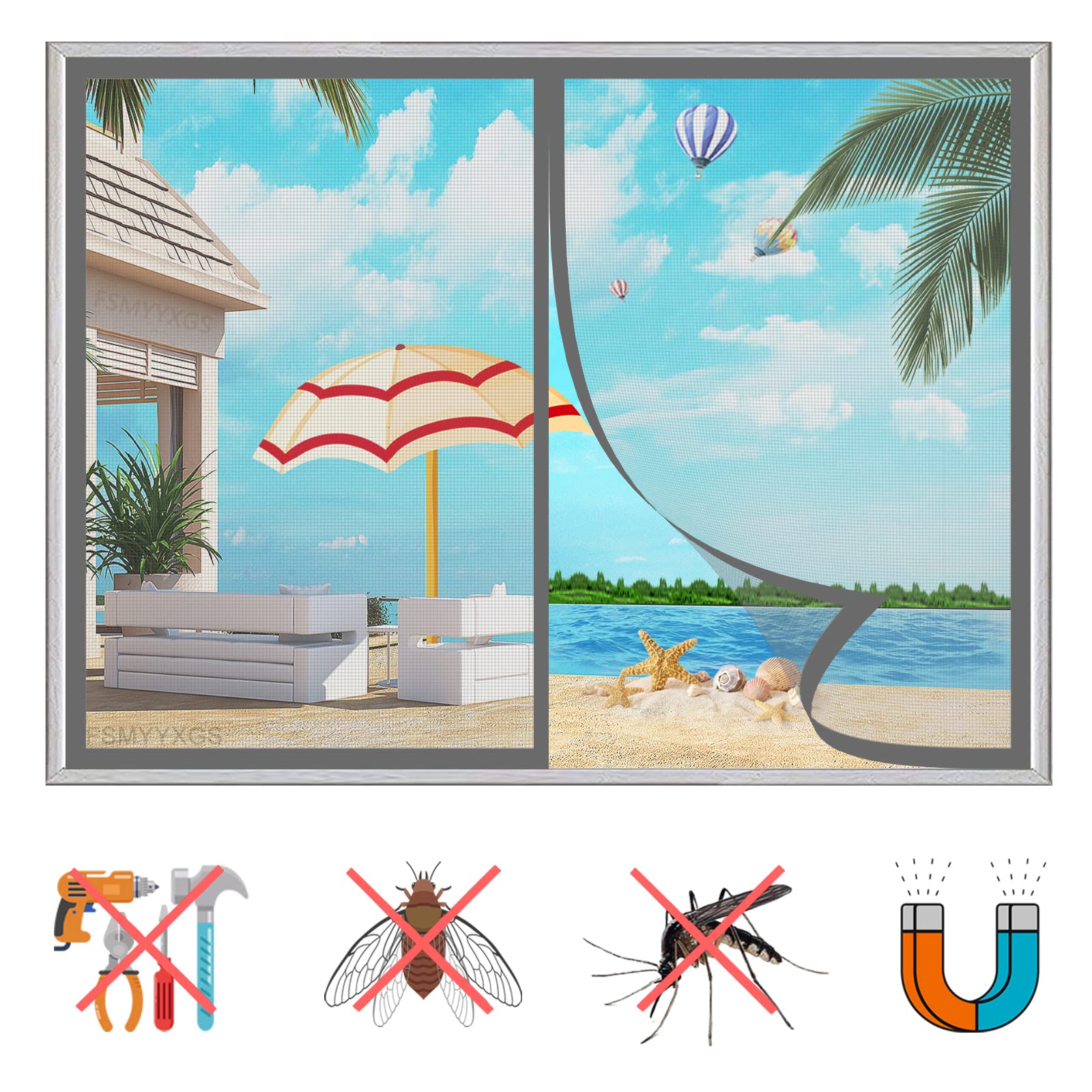 Moustiquaire FenêTre MagnéTique,Rideau de Moustiquaire Aimant Automatiquement Fermé,Facile à Installer Anti Mosquito Auto-AdhéSif Maille Rideau pour FenêTre Portes-Grey|| 72x82inch(185x210cm)