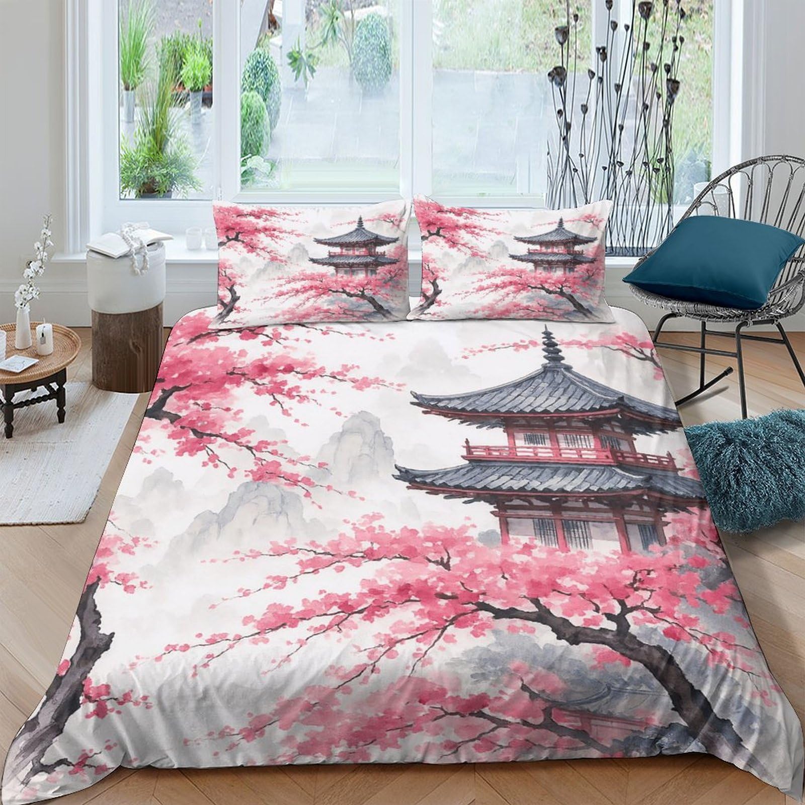 Ctjqhvkz Style-10 3D Printed Sakura Pagoda Fitted Sheet Microfiber Soft Pink Grey Bed Cover For Bedroom Guest Room Decor Single（135X200cm）