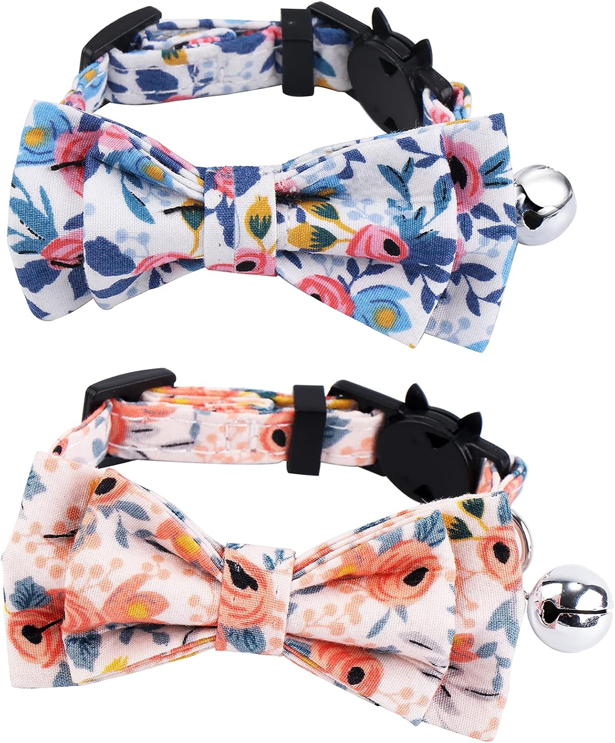 LoyalSunnypet Cute Small Cat Collar with Bell, 2Pcs Soft Comfortable Floral Print Breakaway Collars for Cats and Small Dogs (S)