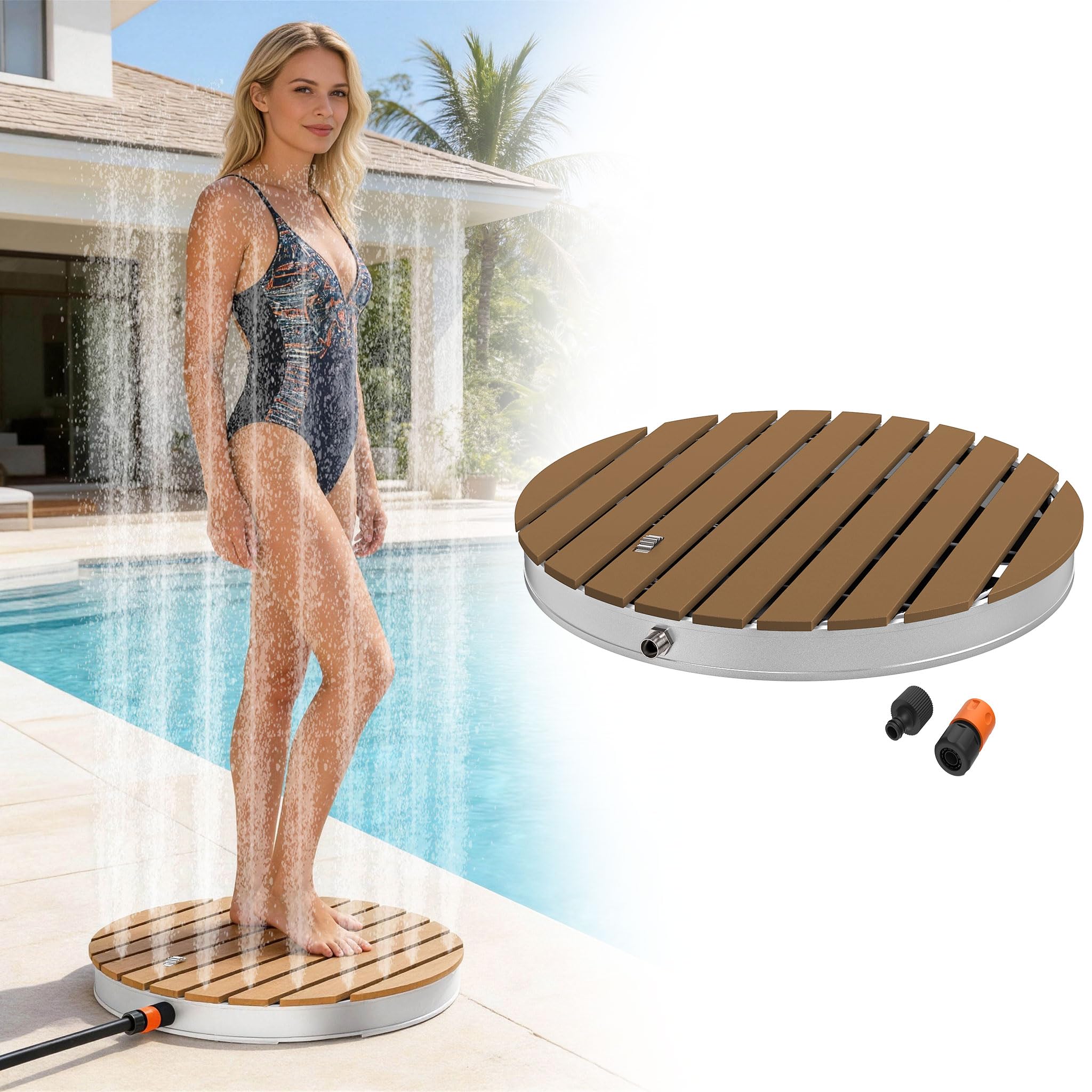 UISEBRT WPC Gartendusche Bodendusche mit Fußrad bis 4 m Fontänenhöhe,rutschfest wetterfest Frost- & UV-Beständig Außendusche für Pool, Camping, Sauna, Hundewäsche,Braun Rund (Ø 70cm)