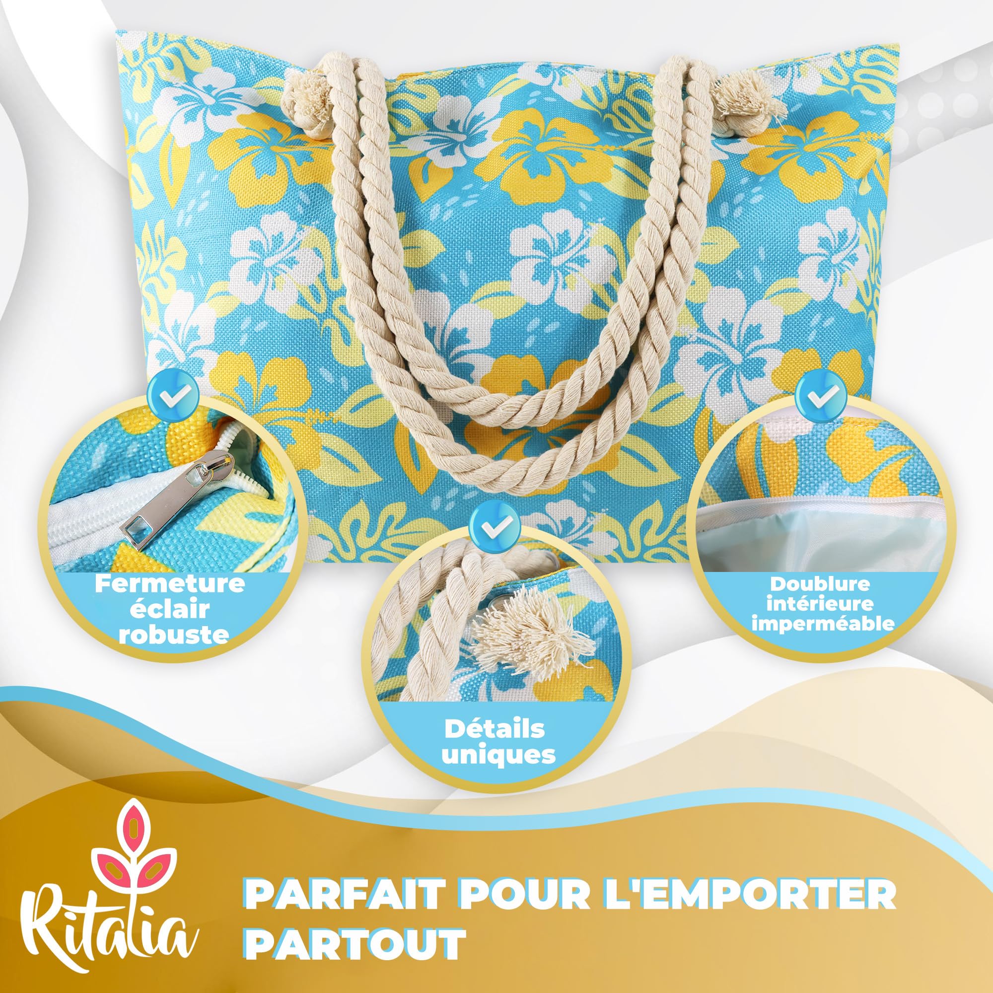 Ritalia® Grand sac de plage XXL familial | Sacs de plage pour femme et sac de piscine | Sac de plage imperméable avec fermeture éclair | Panier de plage pour femme | Sac de plage pour familles
