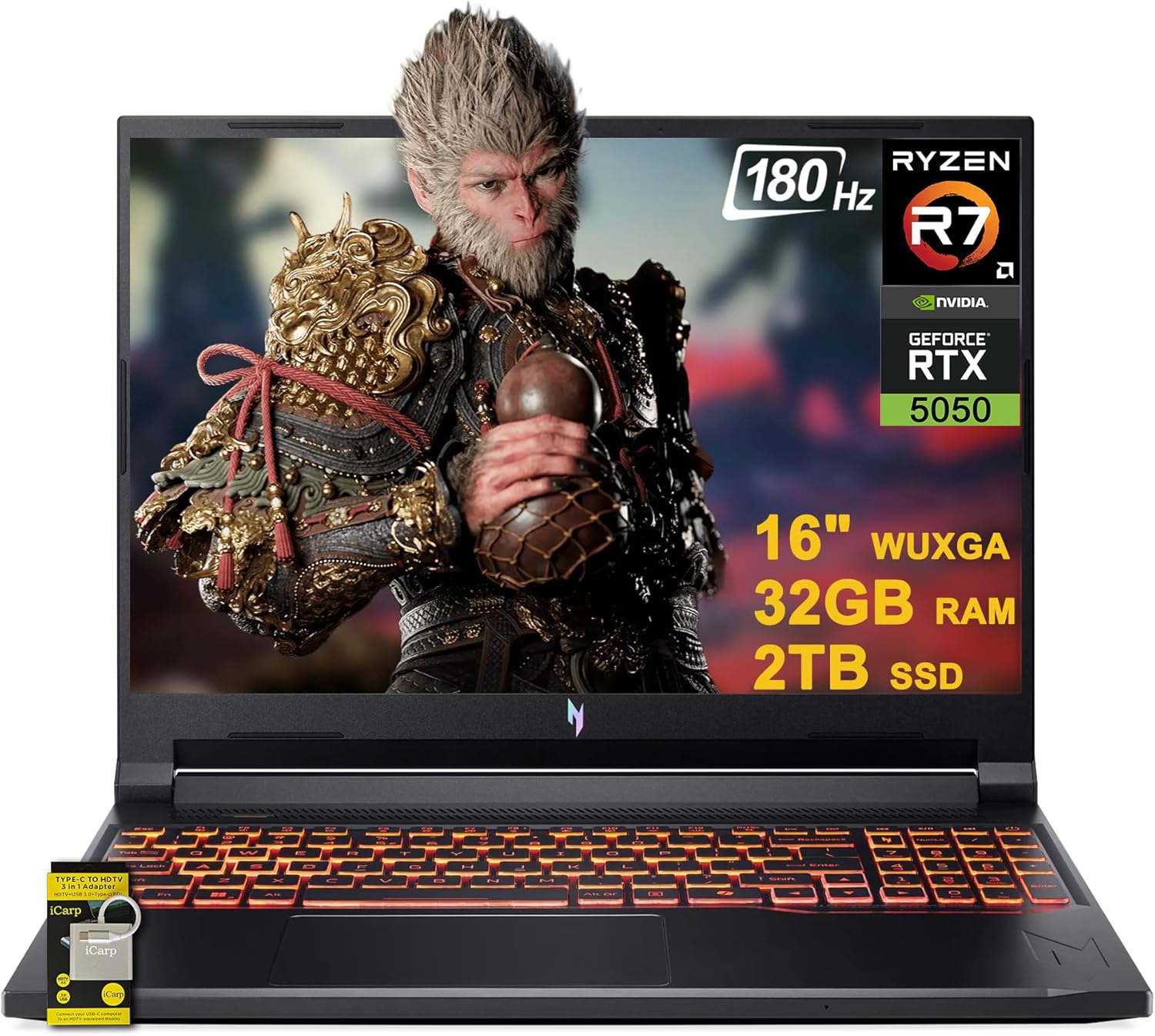 acer Nitro V 16 AI Gaming Laptop 16″ WUXGA IPS 180Hz AMD Zen 4 Octa-Core Ryzen 7 260 32GB RAM 2TB SSD GeForce RTX 5050 (Up to 421 AI Tops) Backlit Win11 w/ICP Hub