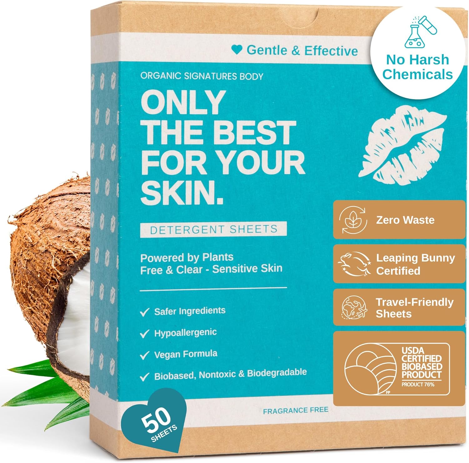 Laundry Detergent Sheets - Unscented, Hypoallergenic, Plant-Based Travel Laundry Sheets with Coconut & Soapberry Extract, Colors & Whites, 50 Sheets