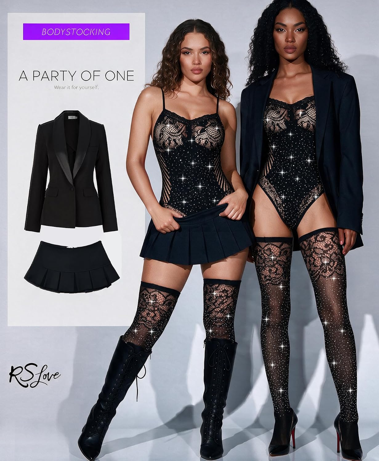 RSLOVE Women Lingerie Fishnet Teddy Bodysuit Sparkle Rhinestone Mesh Lingerie with Thigh High Stockings