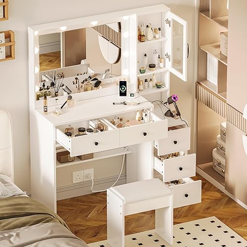 Miniatura 9 de Tocador con Luces, Juego de Tocador de Maquillaje con Estación de Carga y Silla, Tocador de Maquillaje con Espejo y 10 Luces LED, Tocador de