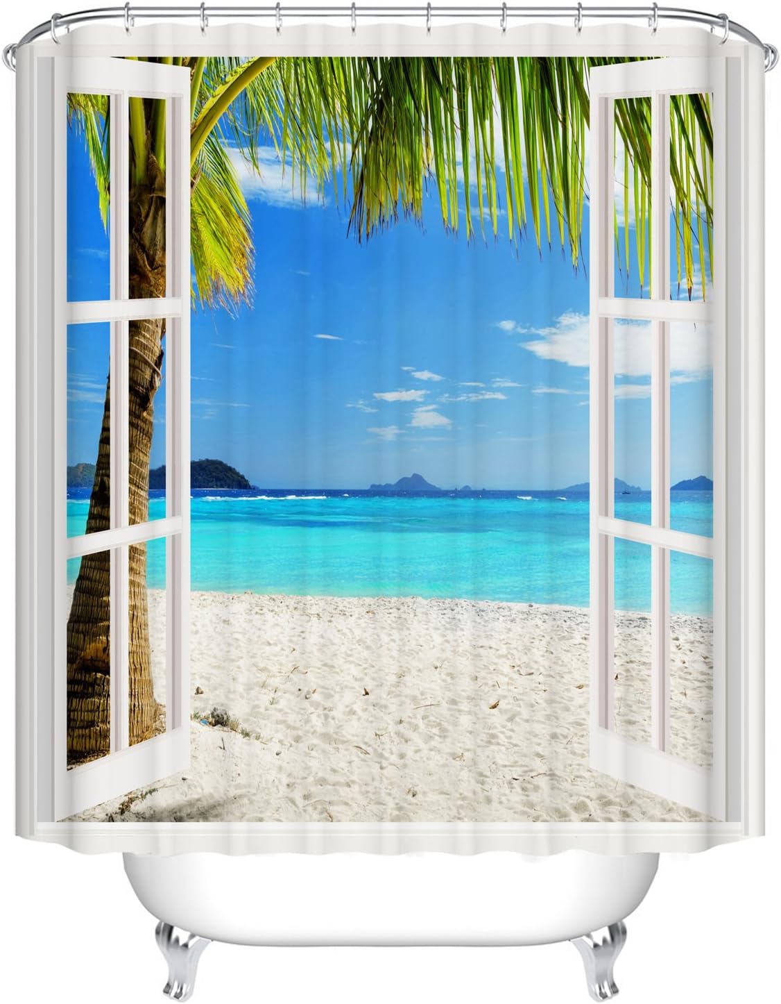 Waterproof Polyester Fabric Bathroom Shower Curtain, Qile Mildew-Resistant Anti-Bacterial 3D Digital Printing Pattern Shower Curtains with 12 Ring Hooks, 180 x180cm (Sea View out of the Windows)