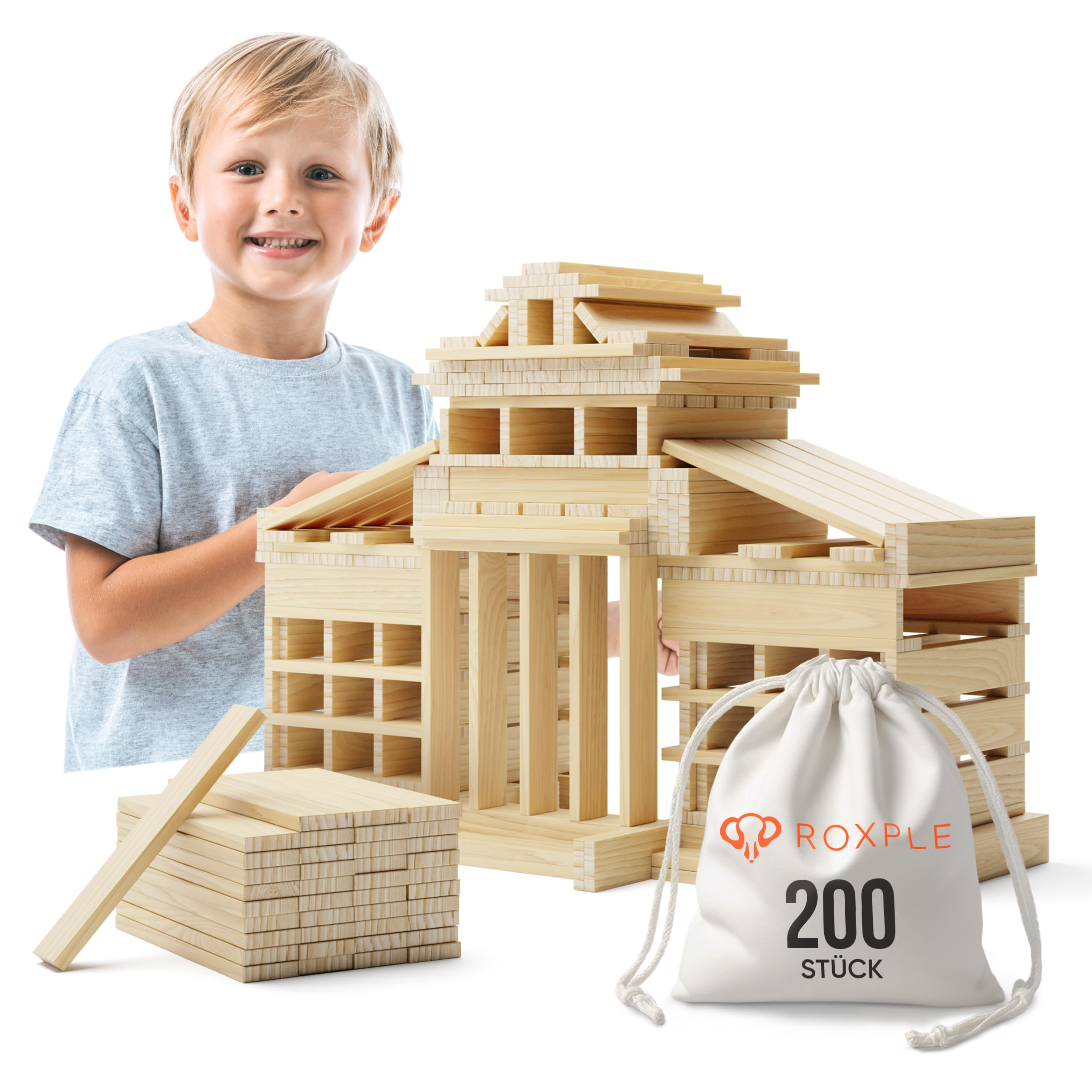 ROXPLE Montessori Wooden Building Blocks Natural Pack of 200 for Kids Kids Toys