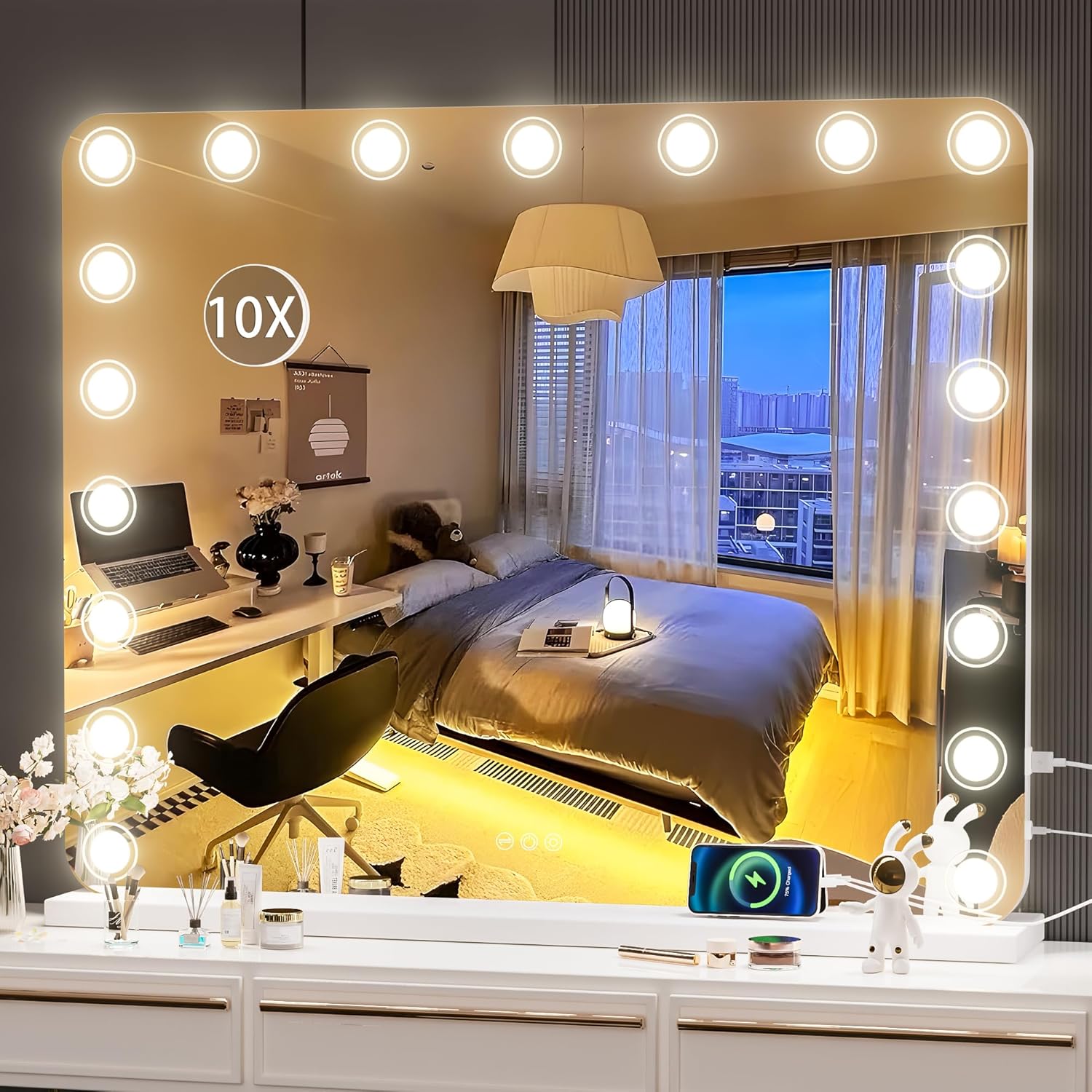 Hasipu Vanity Mirror with Lights, 40" x 32" Makeup Mirror, Light up Mirror with 19 Dimmable LED Lights and 10X Magnification, 3 Colors Modes, Touch Control, USB Charging Port, White (Round)