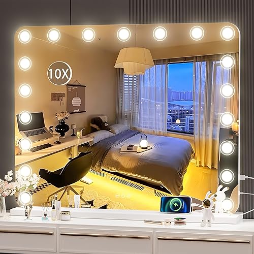 Miniatura 8 de Hasipu Espejo de tocador con luces, espejo de maquillaje de 40 x 32 pulgadas, espejo iluminado con 19 luces LED regulables y aumento de 10X, 3 modos