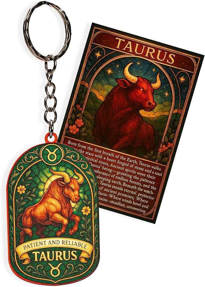 Taurus Keychain – Zodiac Bull Emblem – Apr 20–May 20 Birthday | Earth Sign, Venus-Ruled – “Patient & Reliable” Trait Card – -Astrology Constellation Horoscope Gift Bag Charm & Car Hanging