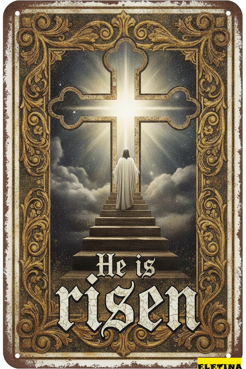 He Is Risen Easter Bible Verse Nativity Scene Cross Retro Wall Decor Plaque Holiday Jesus Birth Scripture 8x12in
