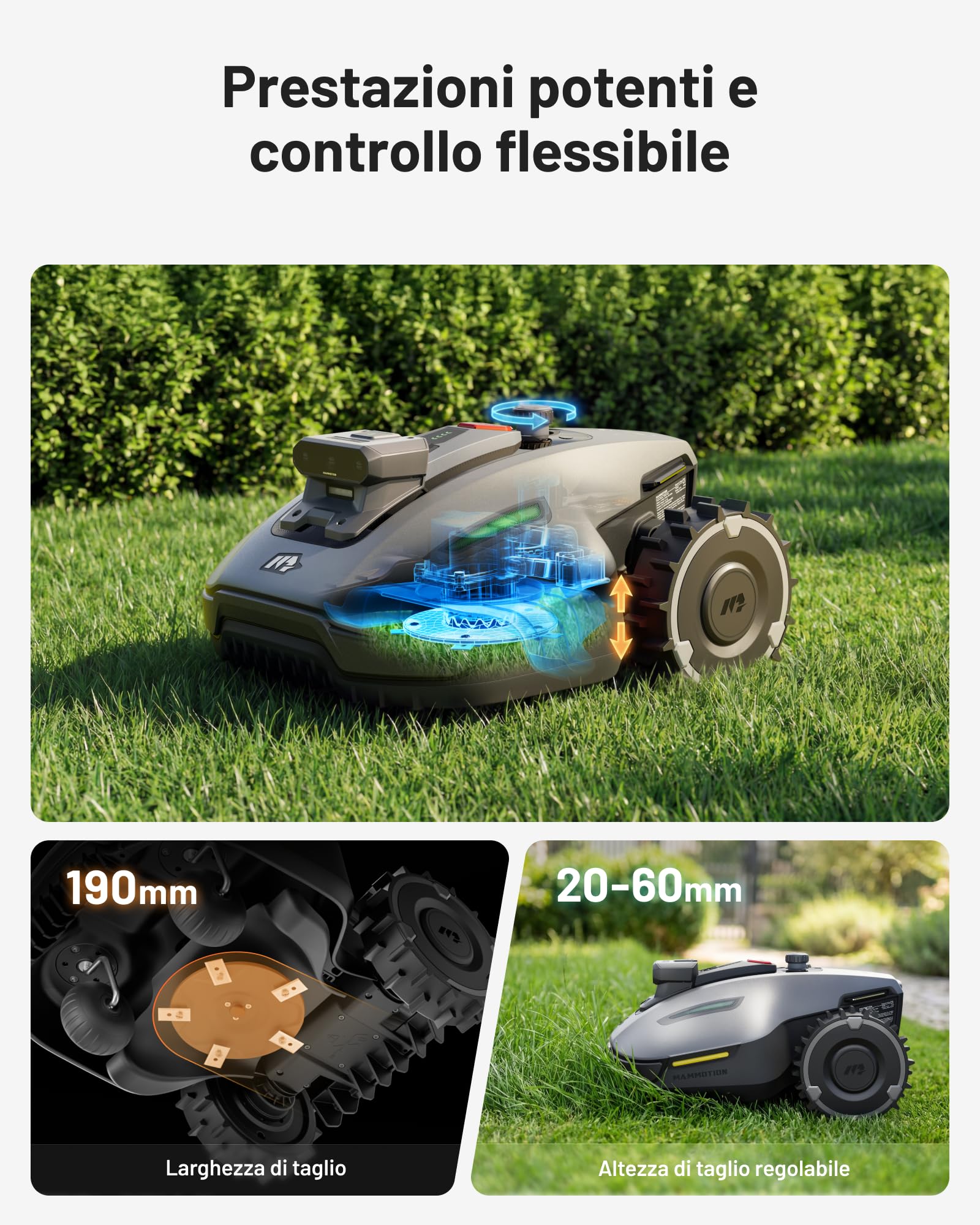 MAMMOTION YUKA mini 2 500 Robot Tagliaerba senza Filo Perimetrale con Garage, Visione AI Tri-Cam, No RTK, Nessuna Perdita di Segnale, DropMow, Mappatura Automatica, Taglio a 500㎡