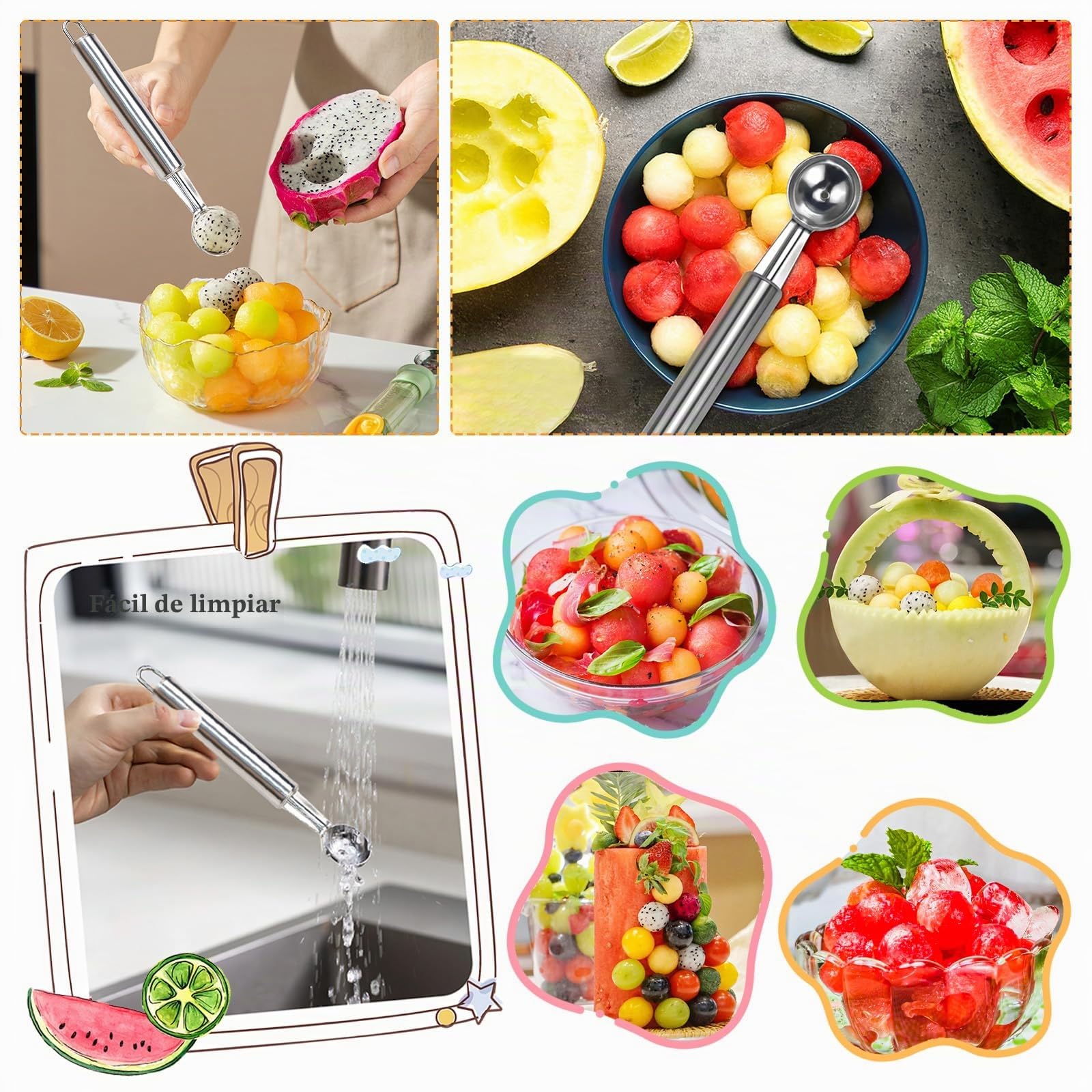 LPZMPZ 4 en 1 Descorazonador Herramienta Cuchara Vaciadora de Acero Inoxidable Manzanas Tallado Excavación Cocina Multifuncional para Ensaladas de Frutas Bolas de Melón Diy