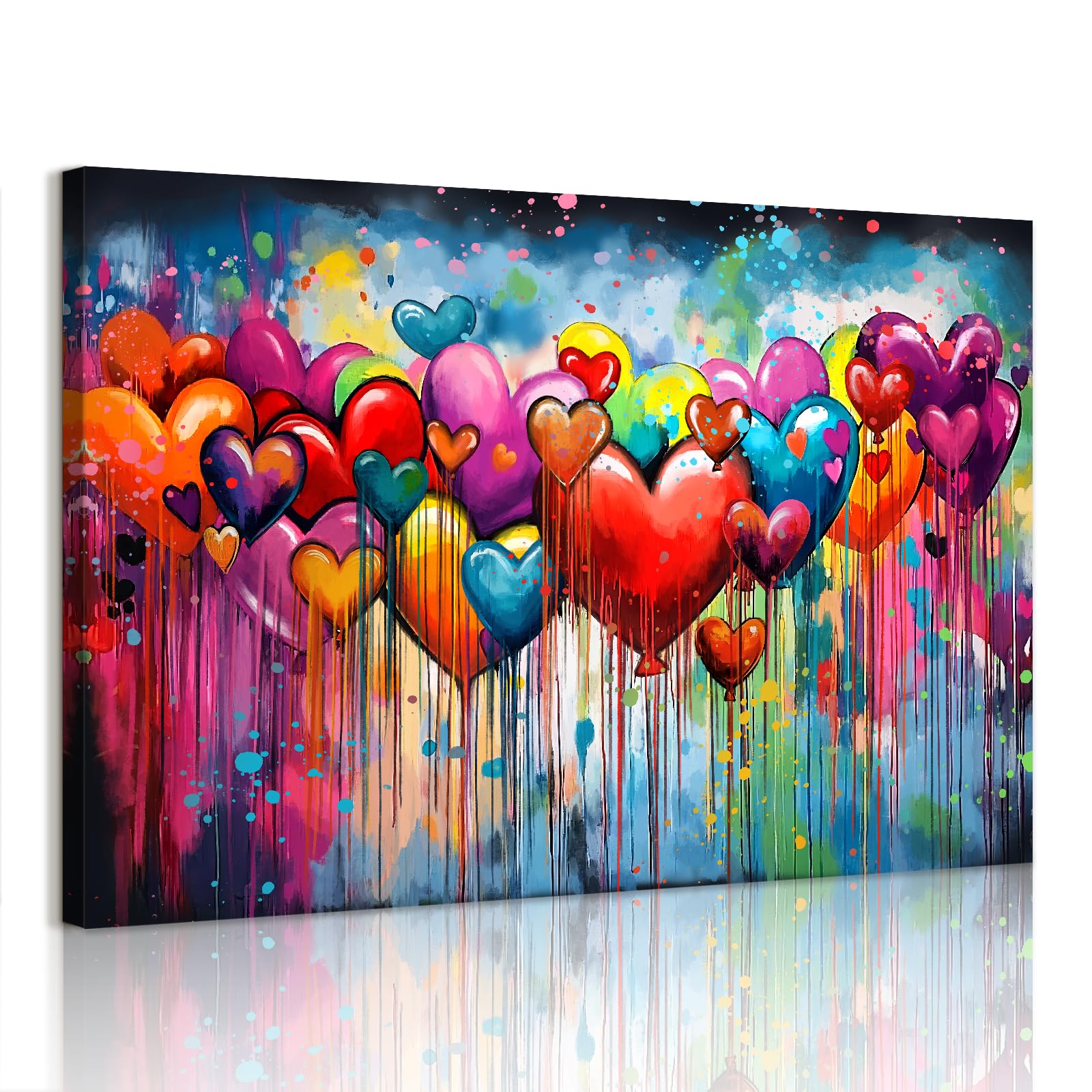 WENGTIAO Romantic Heart Balloon Large Banksy Canvas Wall Art Prints Framed Colorful Graffiti Love Heart Painting on Canvas for Living Room Bedroom Home Wall Decor 120x80 cm