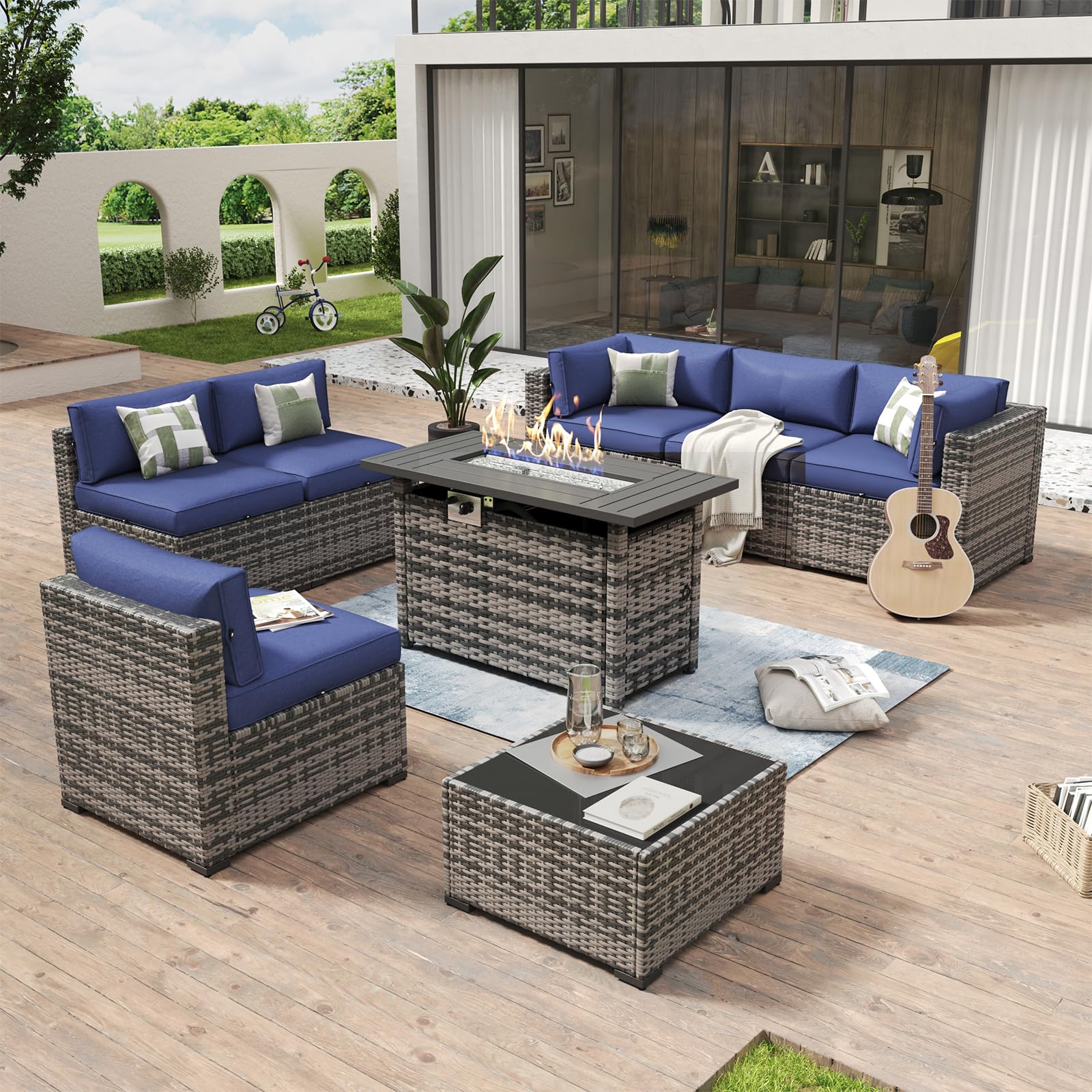 Aoxun 8 Piece Patio Furniture Set with 44” Fire Pit Table Paito Conversation Set Wicker Rattan Outdoor Sectional Sofa Set with Waterproof Cover and