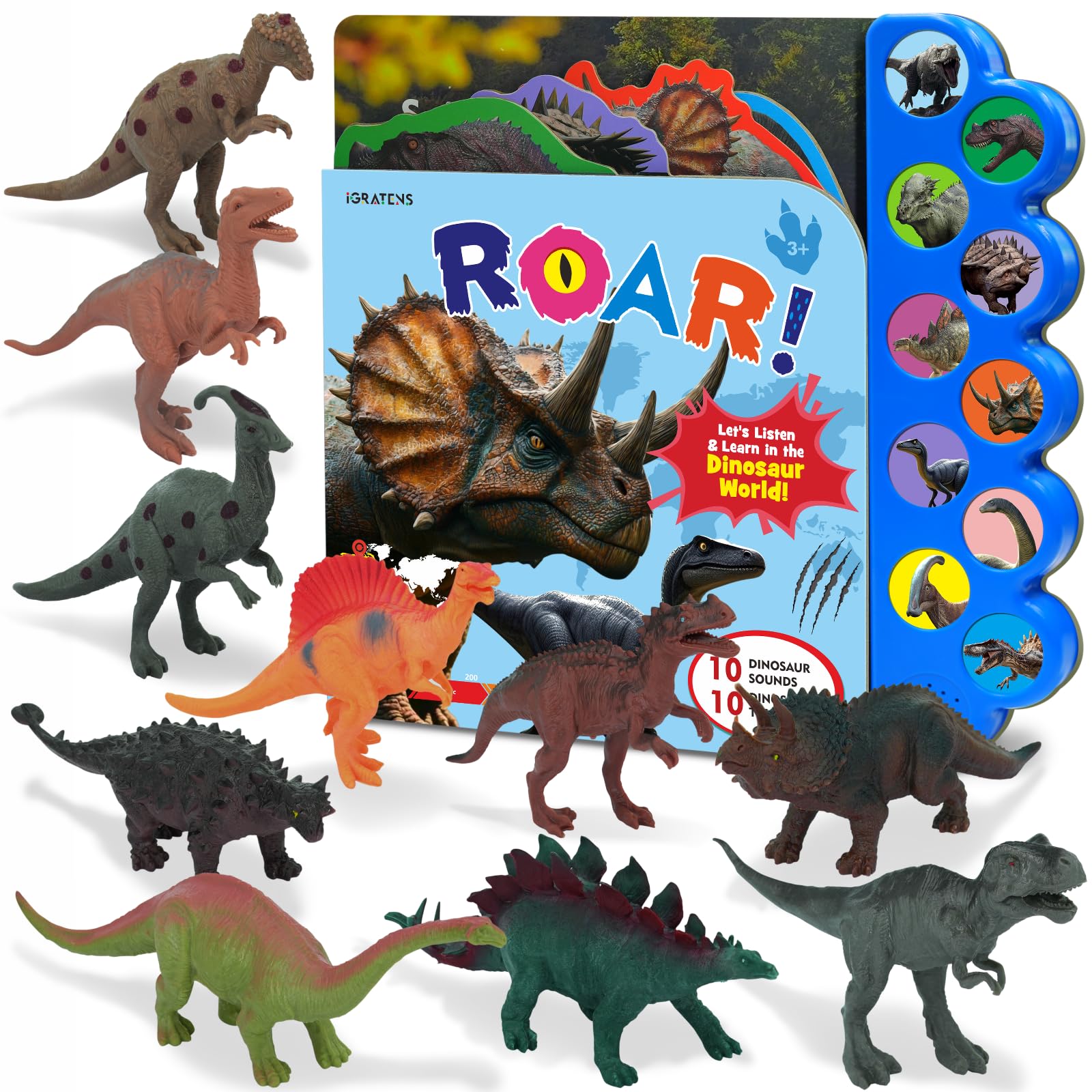 iGRATENS Dinosaur Toys with Sounds Book, 10PCS Dino Figures for Toddlers & Animal Sounds Book with 10 Buttons