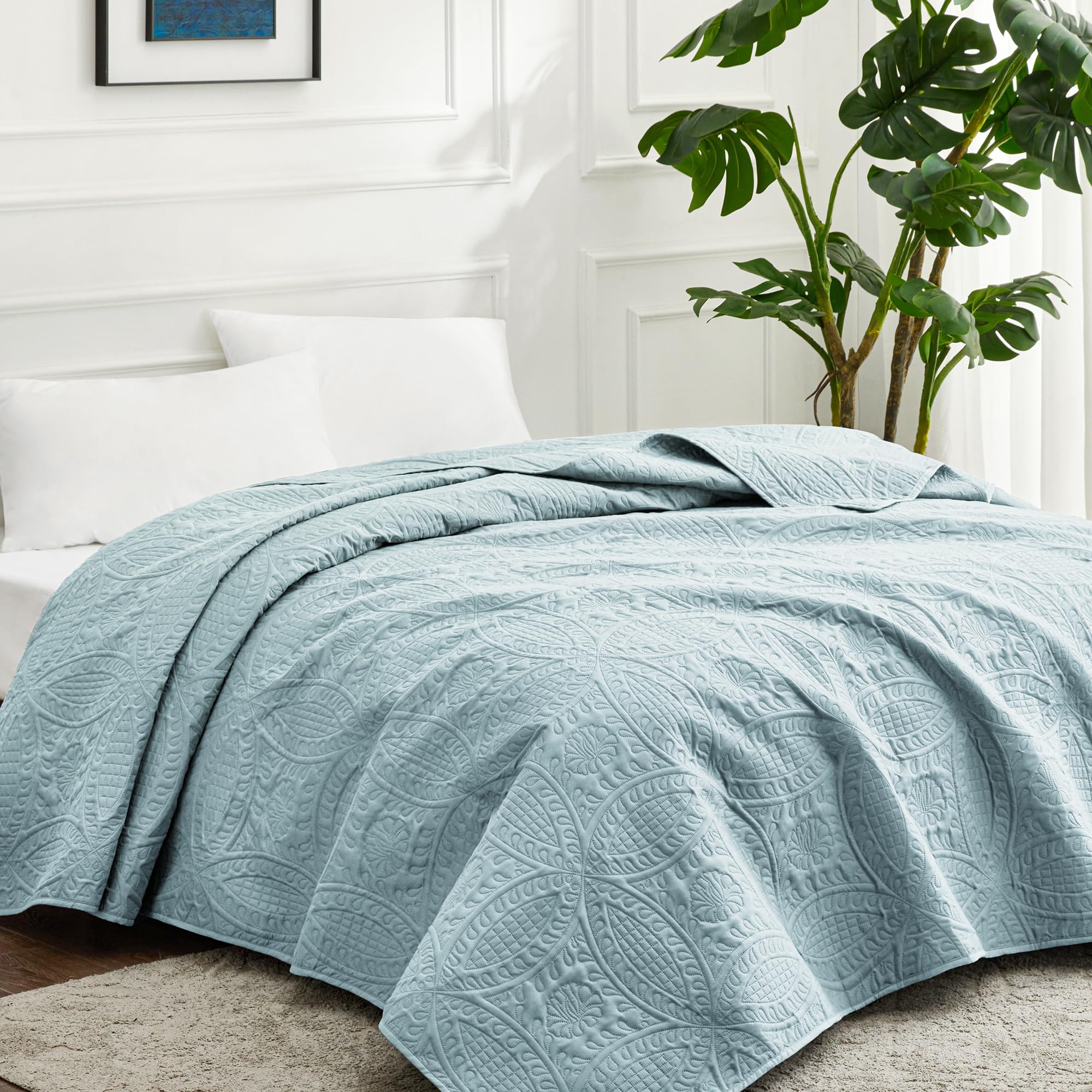 Love's cabin Tagesdecke 200x220 Spa Blau, Ultra Weiche Bett Quilt Leichte Mikrofaser Tagesdecken Bettüberwurf 200x220, Moderne Bedspread mit Münzmuster für alle Jahreszeiten (ohne Kissenbezug)