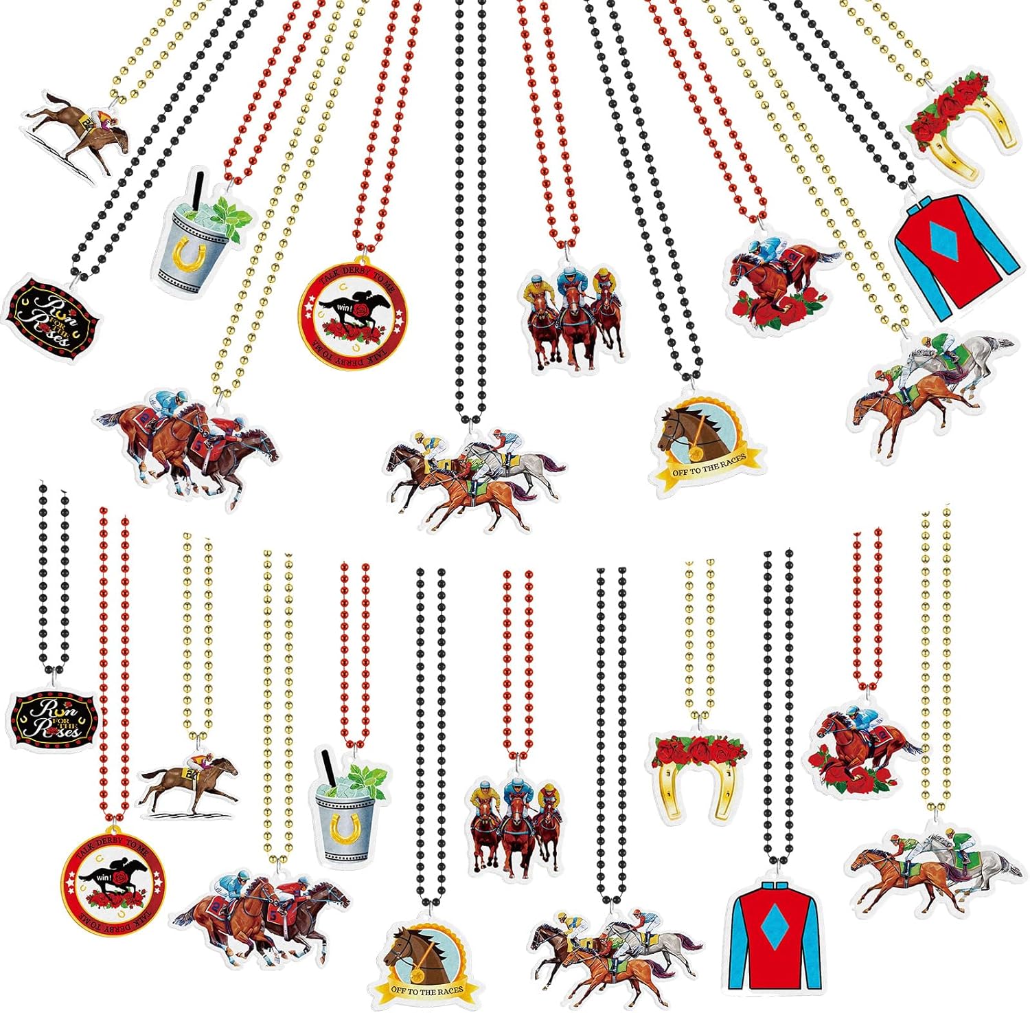 Landical 24 Pcs Horsing Racing Necklaces Festive Derby Bead Necklace Horse Long Pendant for Horsing Racing Derby Party Supplies Costume Accessories Outfit Gifts