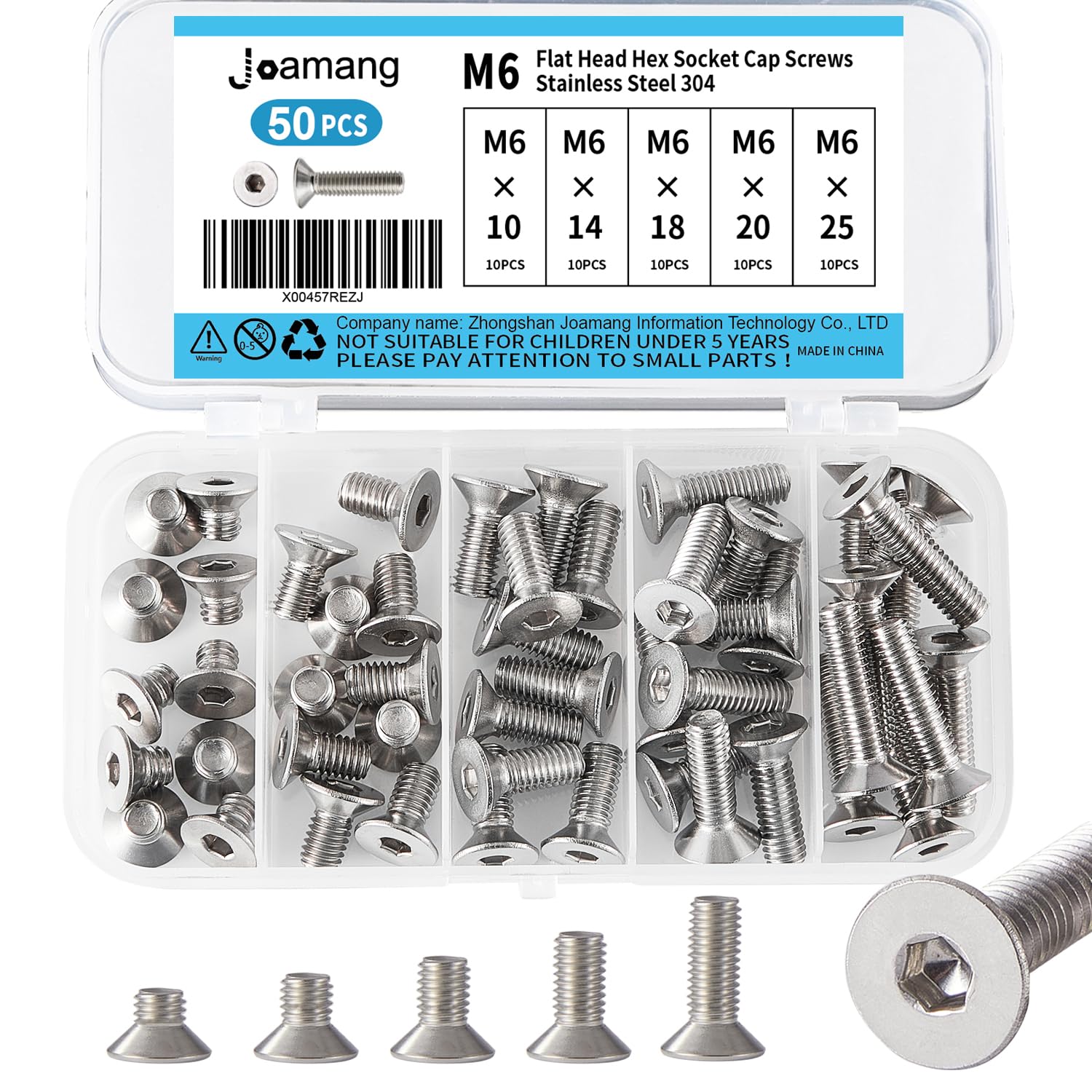 Joamang M6 x 10mm 14mm 18mm 20mm 25mm Flat Head Hex Socket Cap Screws Countersunk Bolts, Stainless Steel 304, Metric Allen Drive, Bright Finish, Fully